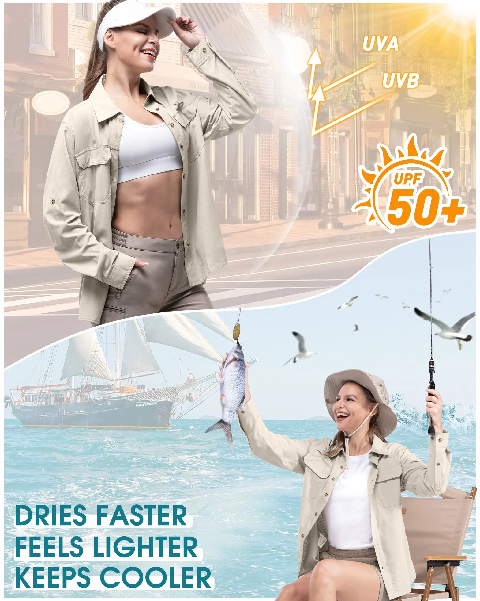 Camisa para mujer UPF50+ protección UV secado rápido manga larga senderismo