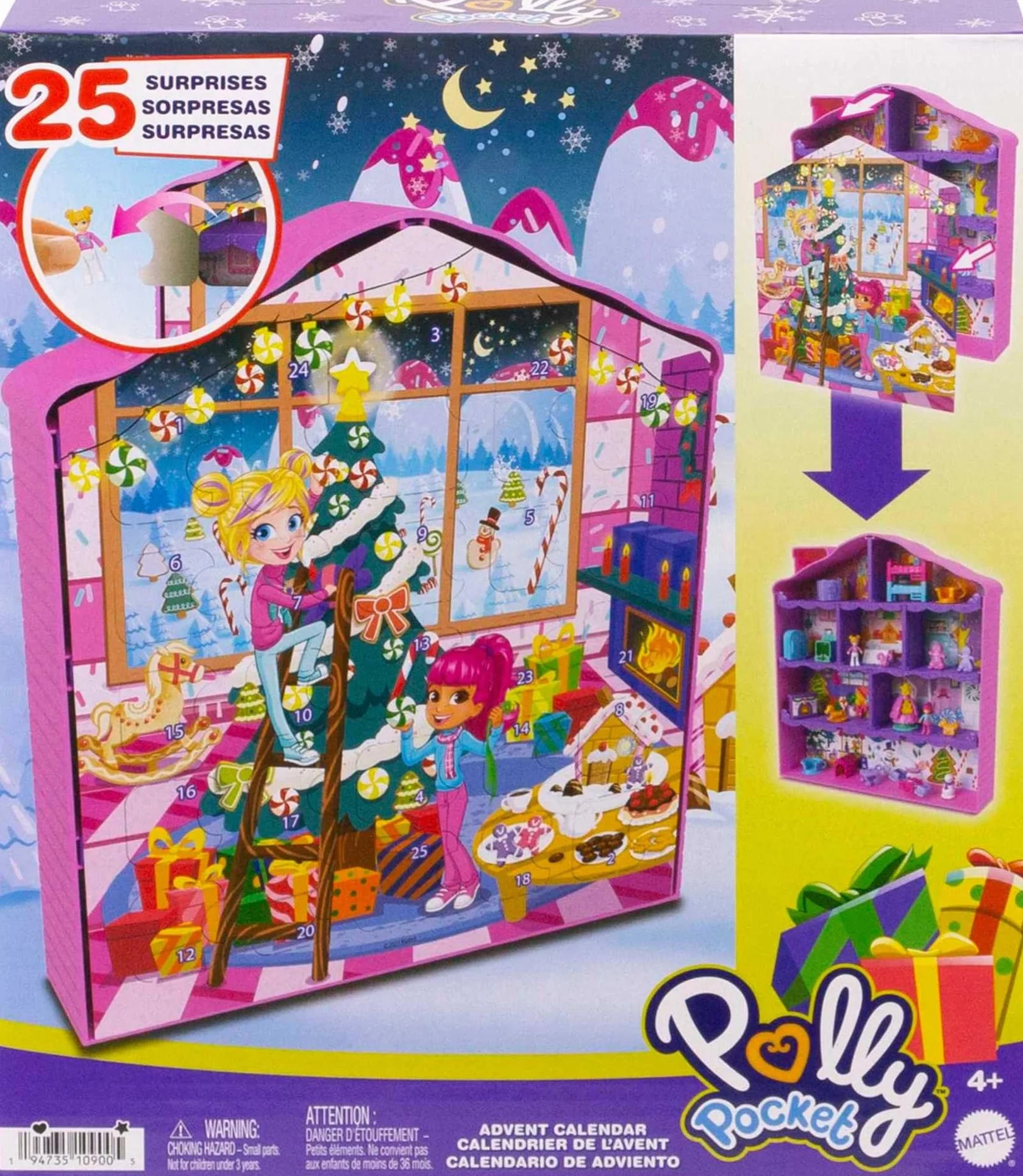 Polly Pocket Calendario de Adviento de muñecas, Juego de casa de Jengibre con 25 Regalos Sorpresa, HKW16