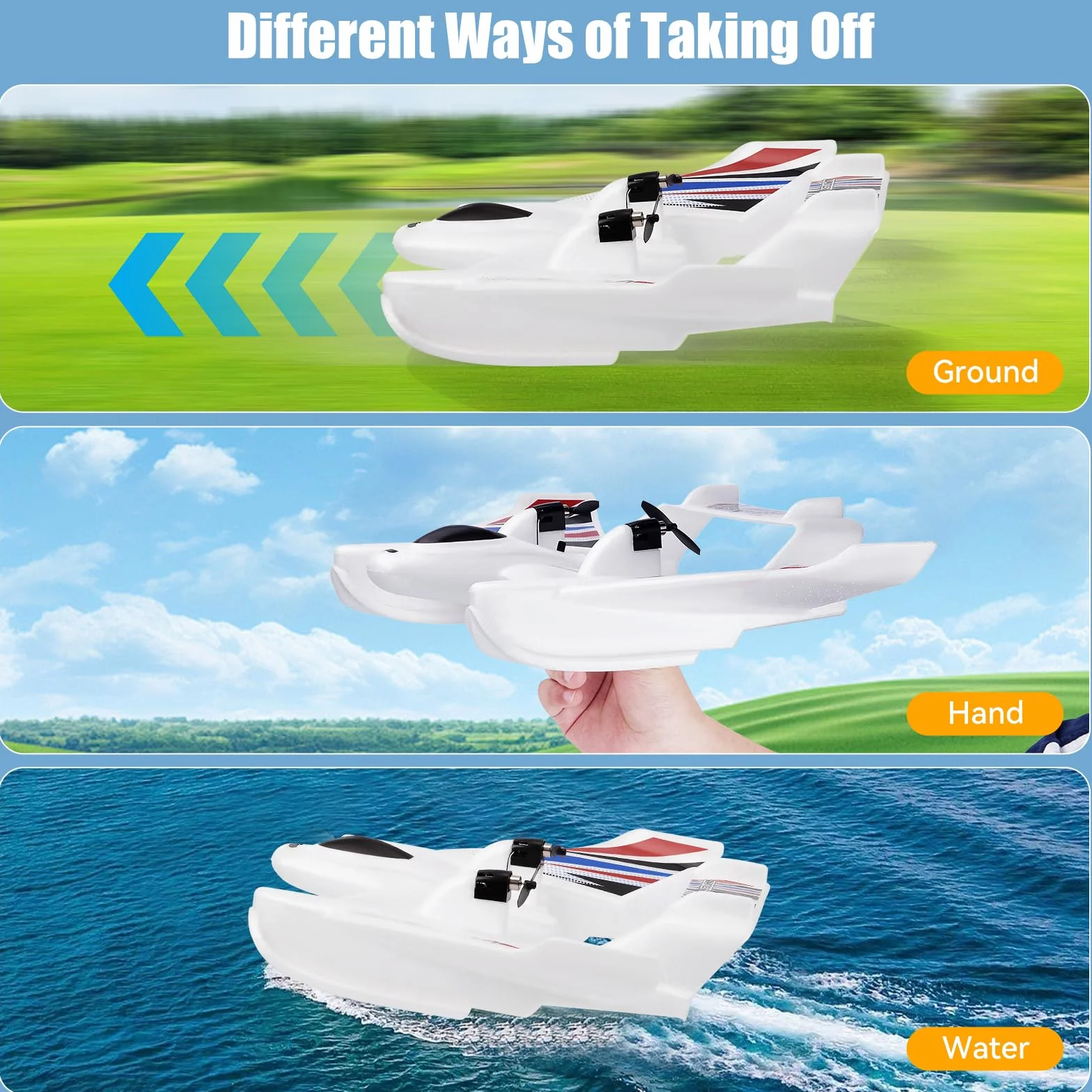 Avión RC Anfibio 3 en 1, 2.4GHz 3CH, para Tierra, Agua y Aire, con 2 Baterías, Material EPP, Blanco