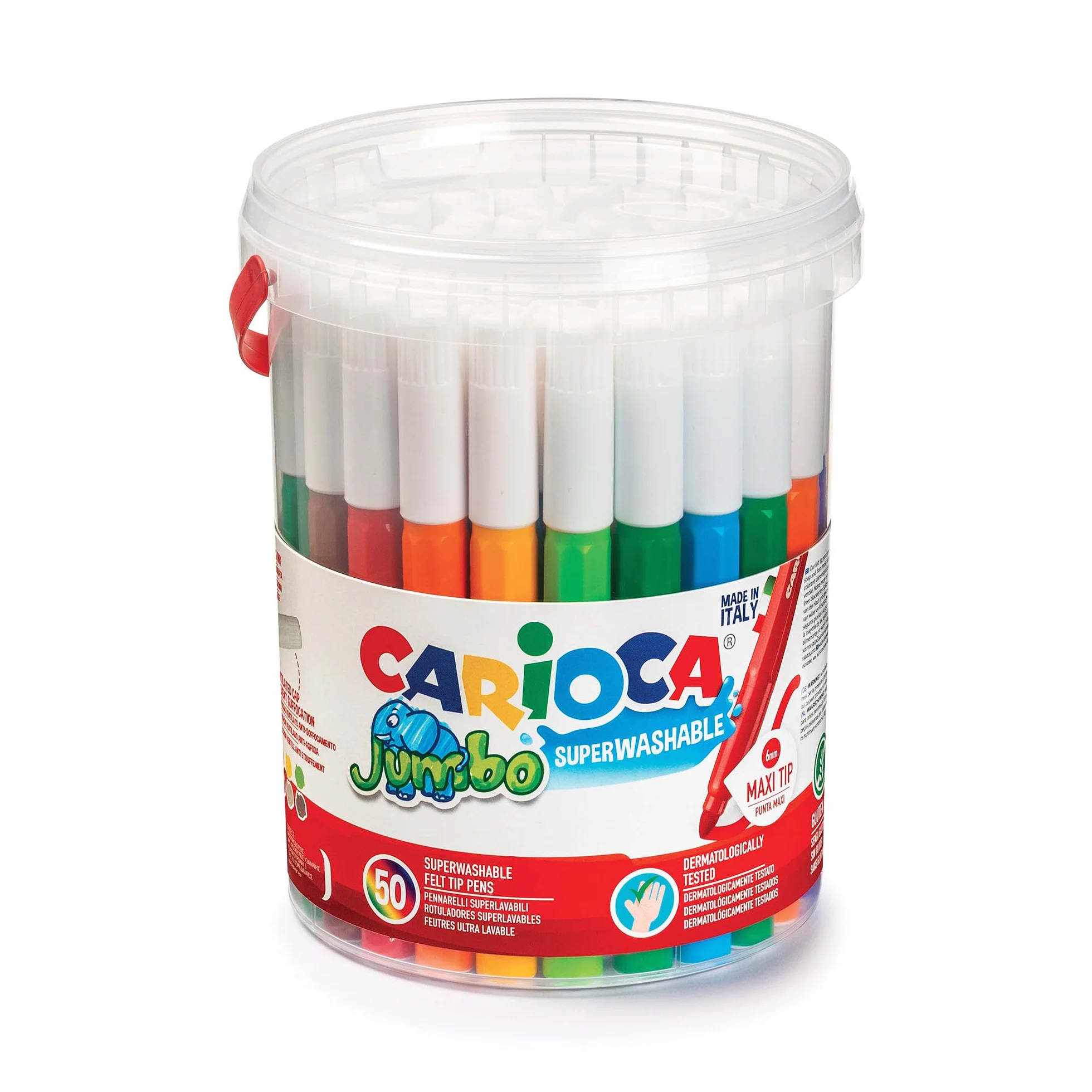 Carioca JUMBO BOTE con ASA, 42312 - Bote de Rotuladores Punta Maxi Super Lavables, 50 Unidades, Multicolor