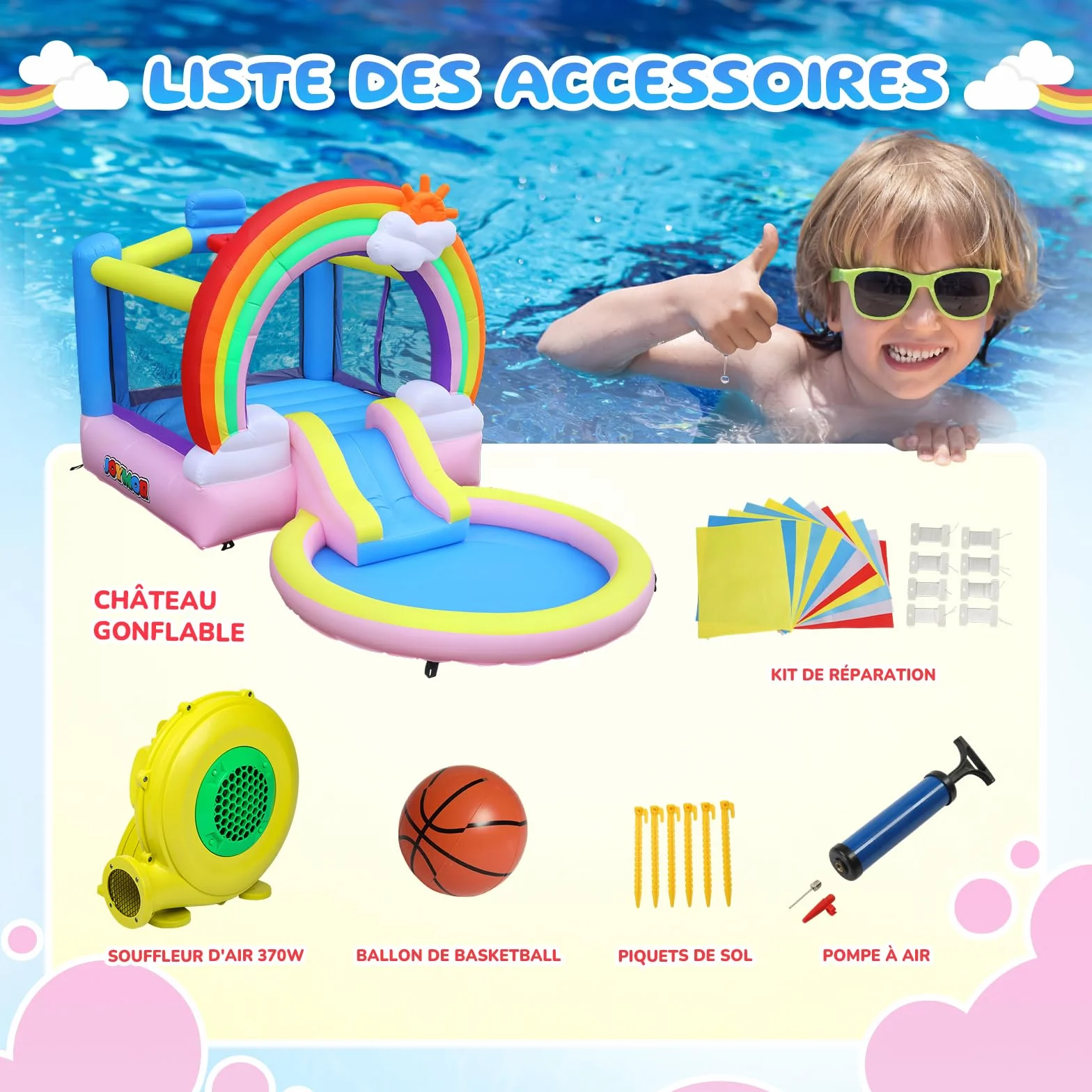 Bonnlo Tobogán Hinchable Infantil con Piscina, 370x192x192 cm, Cama Elástica y Diseño Arcoíris Nubes, Parque Inflable para Jardín Exterior e Inretior, Oxford 420D+840D