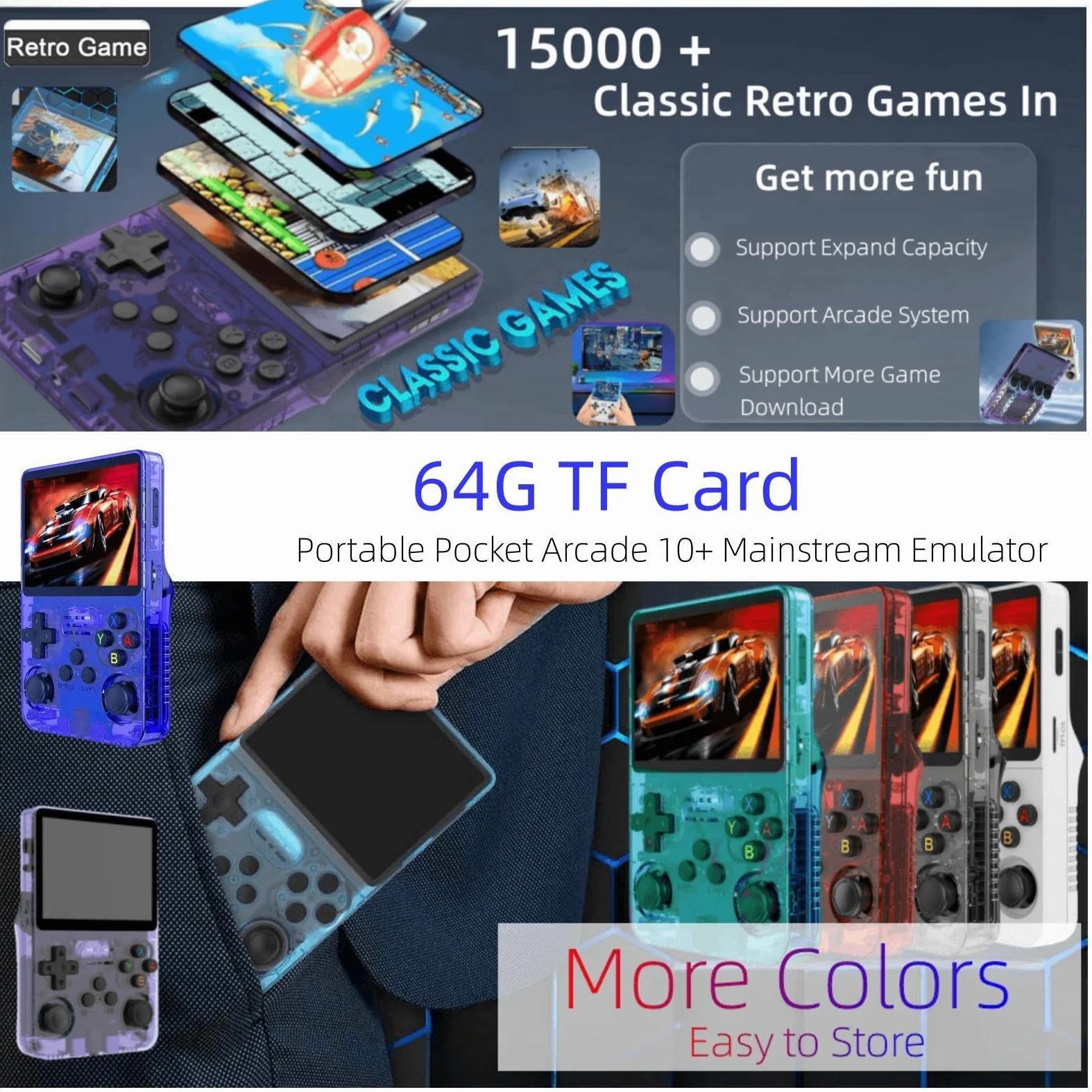 Portable Retro Handheld Game Console, 3.5inch IPS Screen, 10+ Mainstream Emulator, 64G TF Card, 15000+ Classic Games, 3500mAH Battery (64G Red)