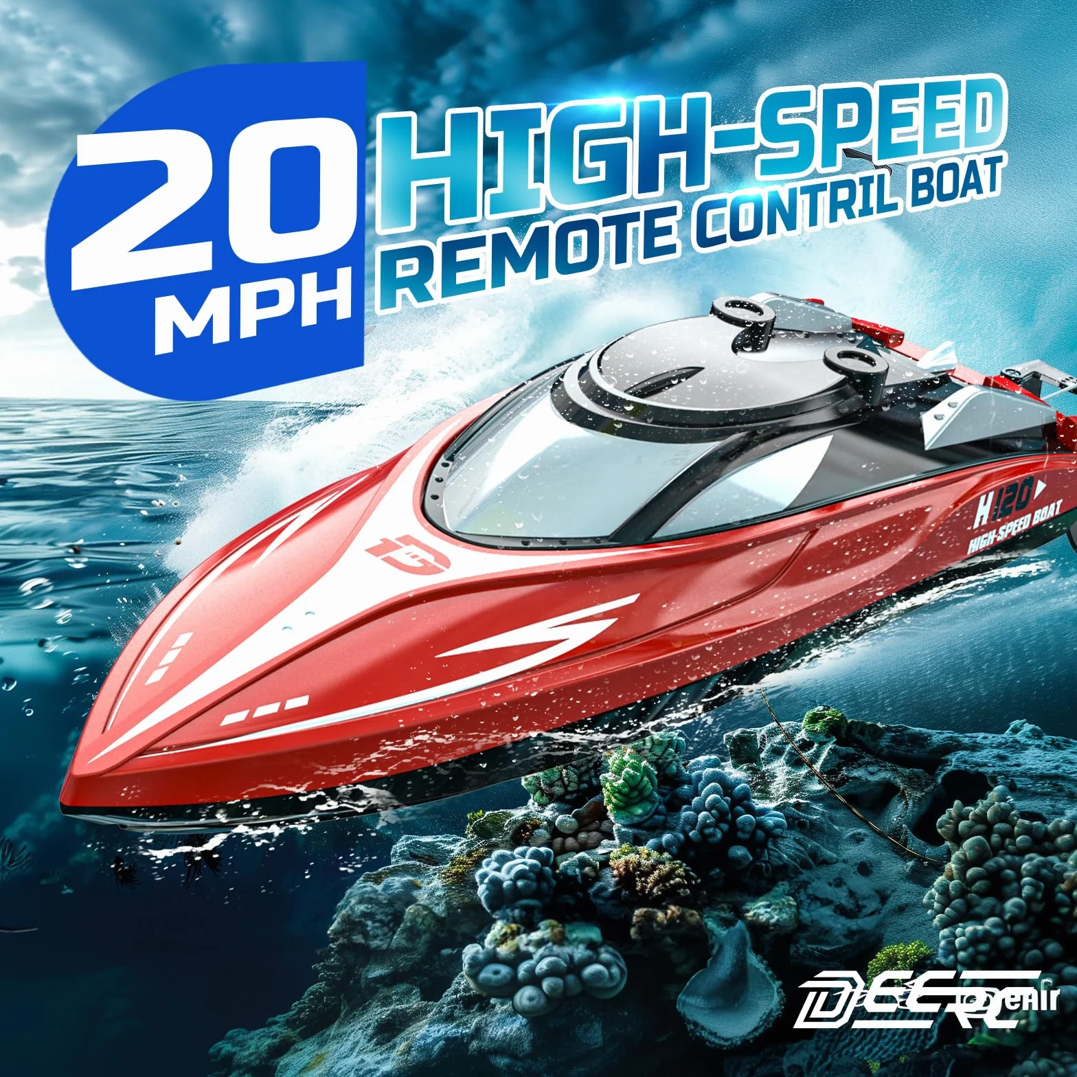 DEERC H120 Barco teledirigido rápido 2,4 GHz 20+ mph para Piscinas Lagos con 2 baterías Recargables Alarma batería baja recuperación antivuelco