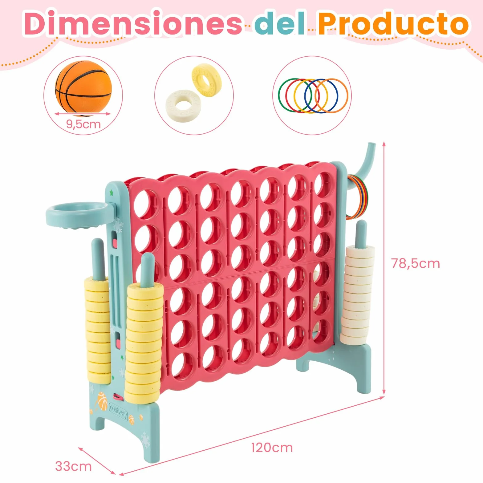 COSTWAY Conecta 4 Gigante, Mega 4 para Niños y Adultos, Juego de Exterior 74 cm con Canasta y Juego de Lanzamiento de Anillos, 42 Piezas Gigantes con Pegitinas y Boloncesto (Rojo y Azul)