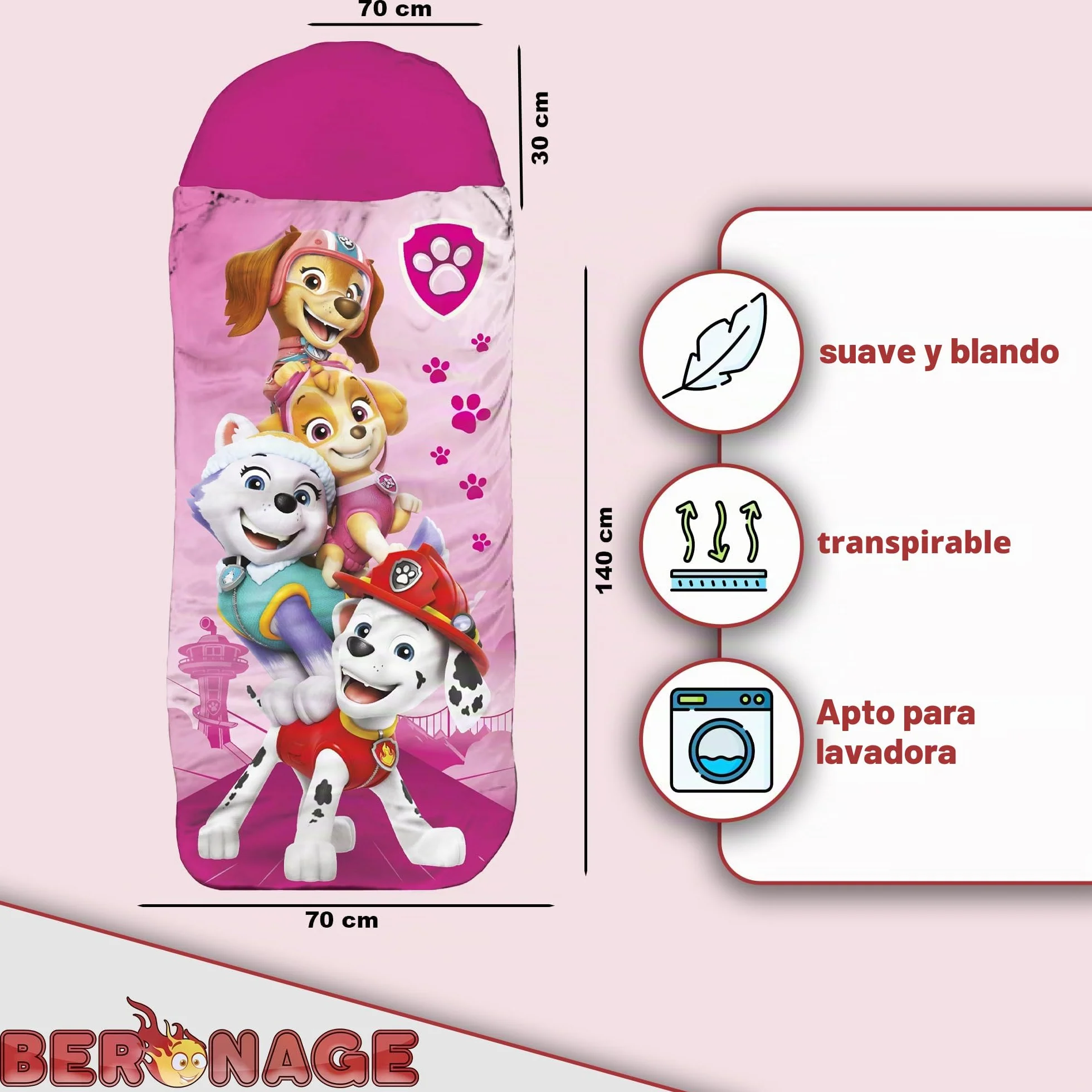 Saco de dormir infantil Paw Patrol – Rosa 140 cm + 30 cm (capucha) x 70 cm ideal para exteriores/interiores con Skye, Everest, Liberty, Marshall, saco de dormir momia para niñas y niños con cremallera