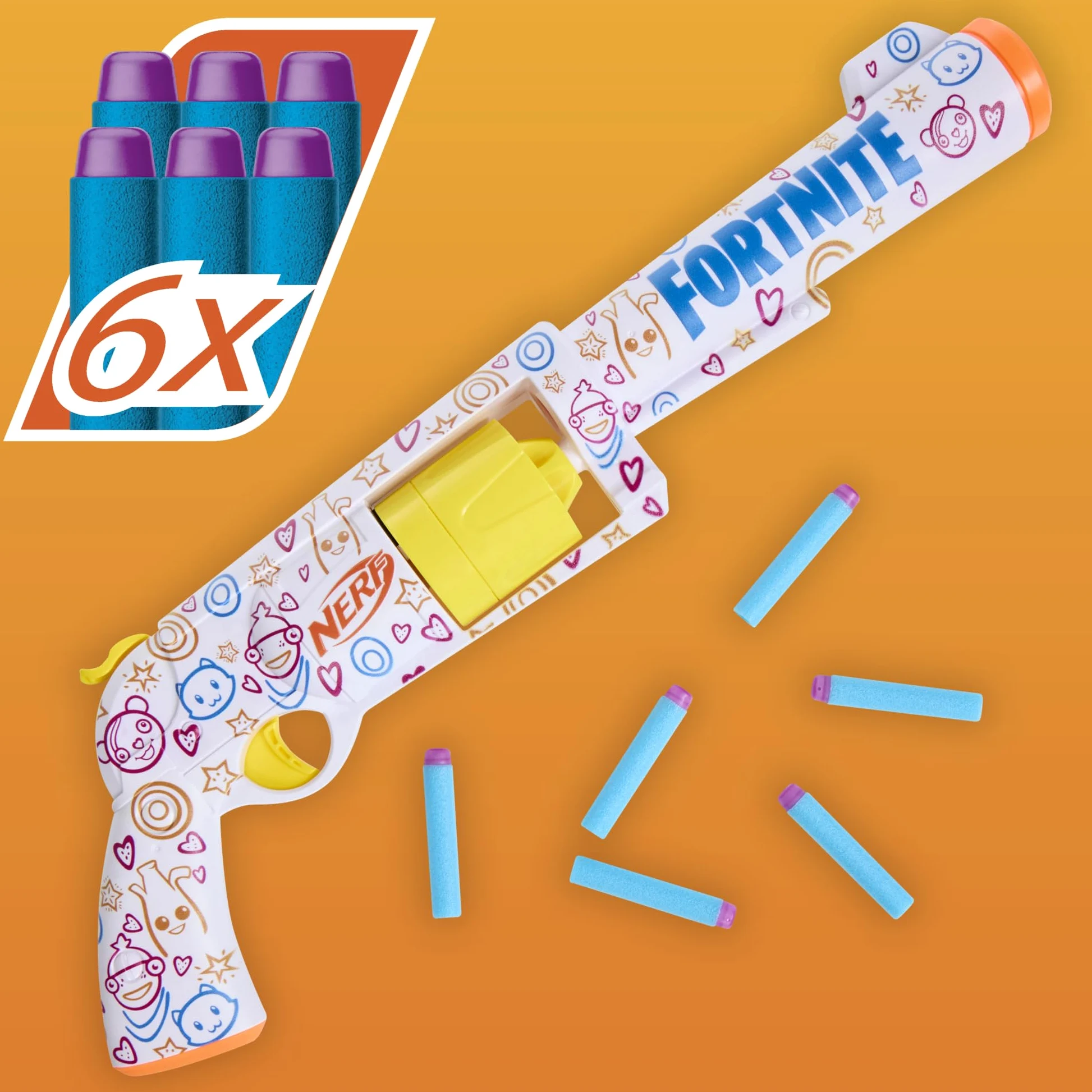 Nerf Fortnite Frenz 4 Ever Blaster, código de bonificación para desbloquear Frenz 4 Ever Wrap en el Juego, 6 Dardos Elite, Tambor de 6 Dardos, Regalos de Fortnite