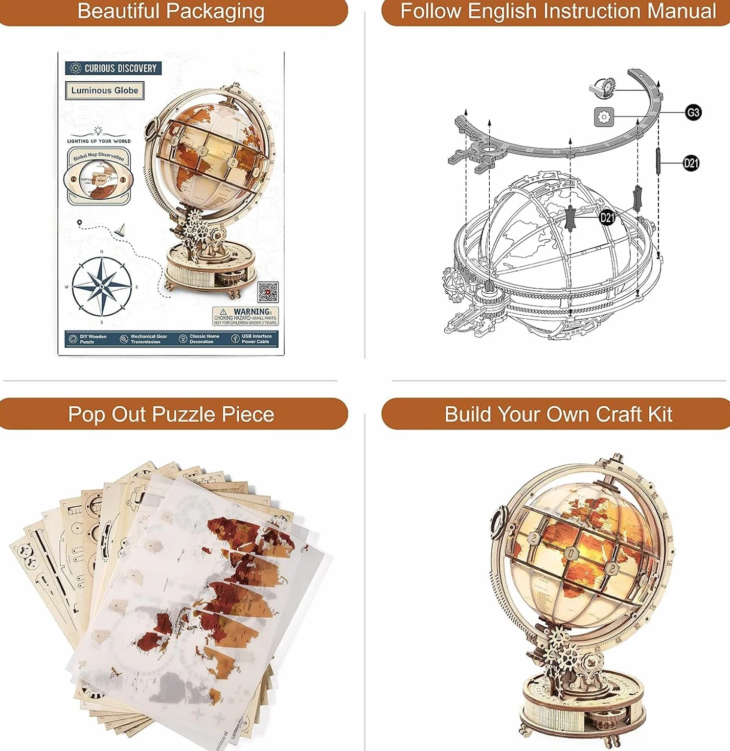 ROBOTIME Puzzle 3D Madera Globo Luminoso Maquetas Construir Adultos Mecánica Manualidades Kits