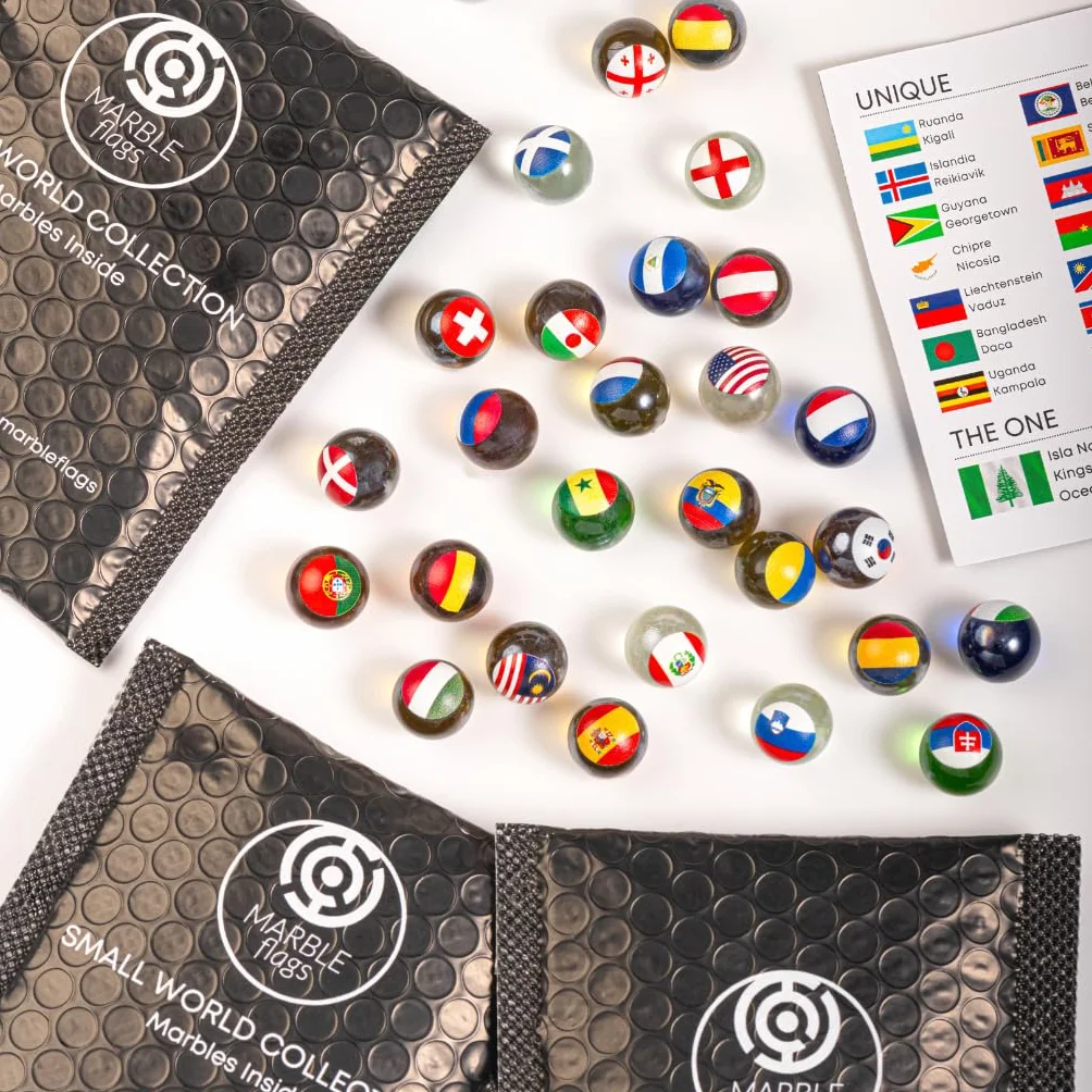 3 Paquetes Colección de Canicas con Banderas de Paises | 10 Banderas Aleatorias por Paquete | Small World Collection