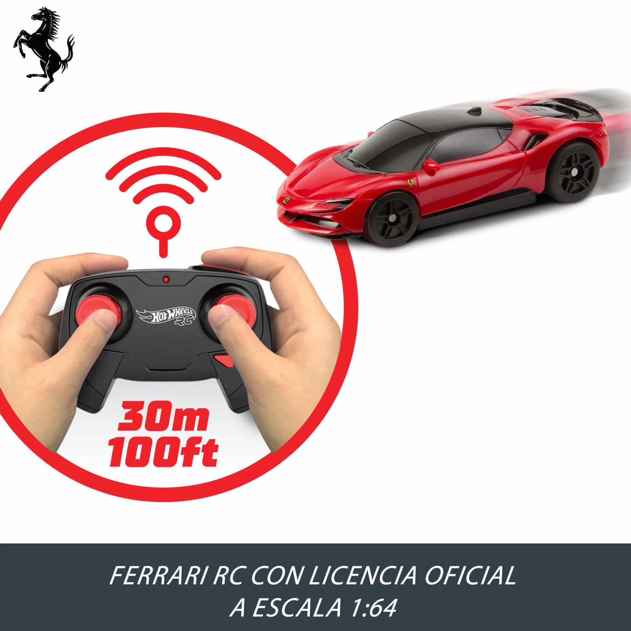 Hot Wheels RC Ferrari SF90 Stradale Assetto Fiorano Coche de Juguete teledirigido a Escala 1:64, Corre Dentro y Fuera de la Pista, botón de aceleración para Aumentar la Velocidad, JGD09