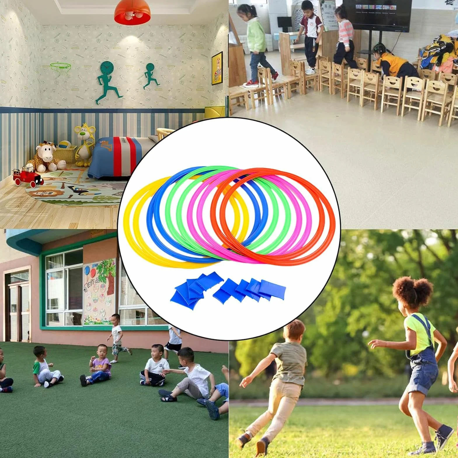 Anillos de Rayuela para Niños, Juego de Agilidad con Puf, Cuadrados de 15 Pulgadas con Conectores