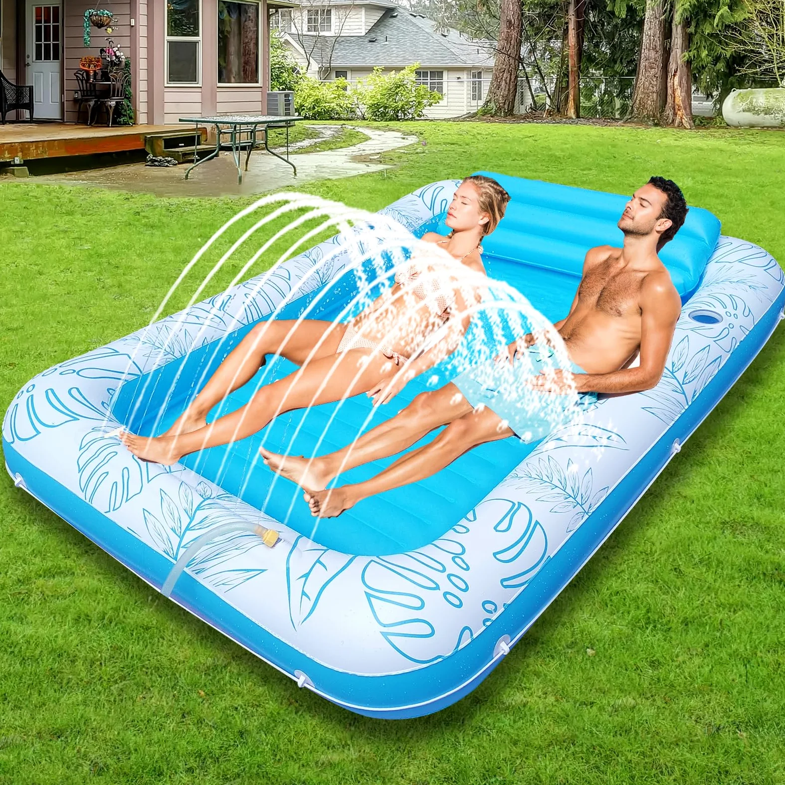 Flotador Inflable Extragrande de 85 x 57 Pulgadas para Piscina de Bronceado con aspersor y portavasos, balsa de Piscina para Adultos para Patio Trasero, Playa o Lago, Rosa/Azul, PVC Duradero, soporta