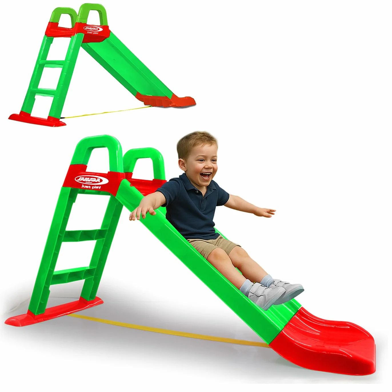JAMARA 460502 - Tobogán Funny Slide - De plástico Resistente, caño Antideslizante para aterrizajes Suaves, escalones Anchos y Asas de Seguridad, Cuerda estabilizadora, Color Verde