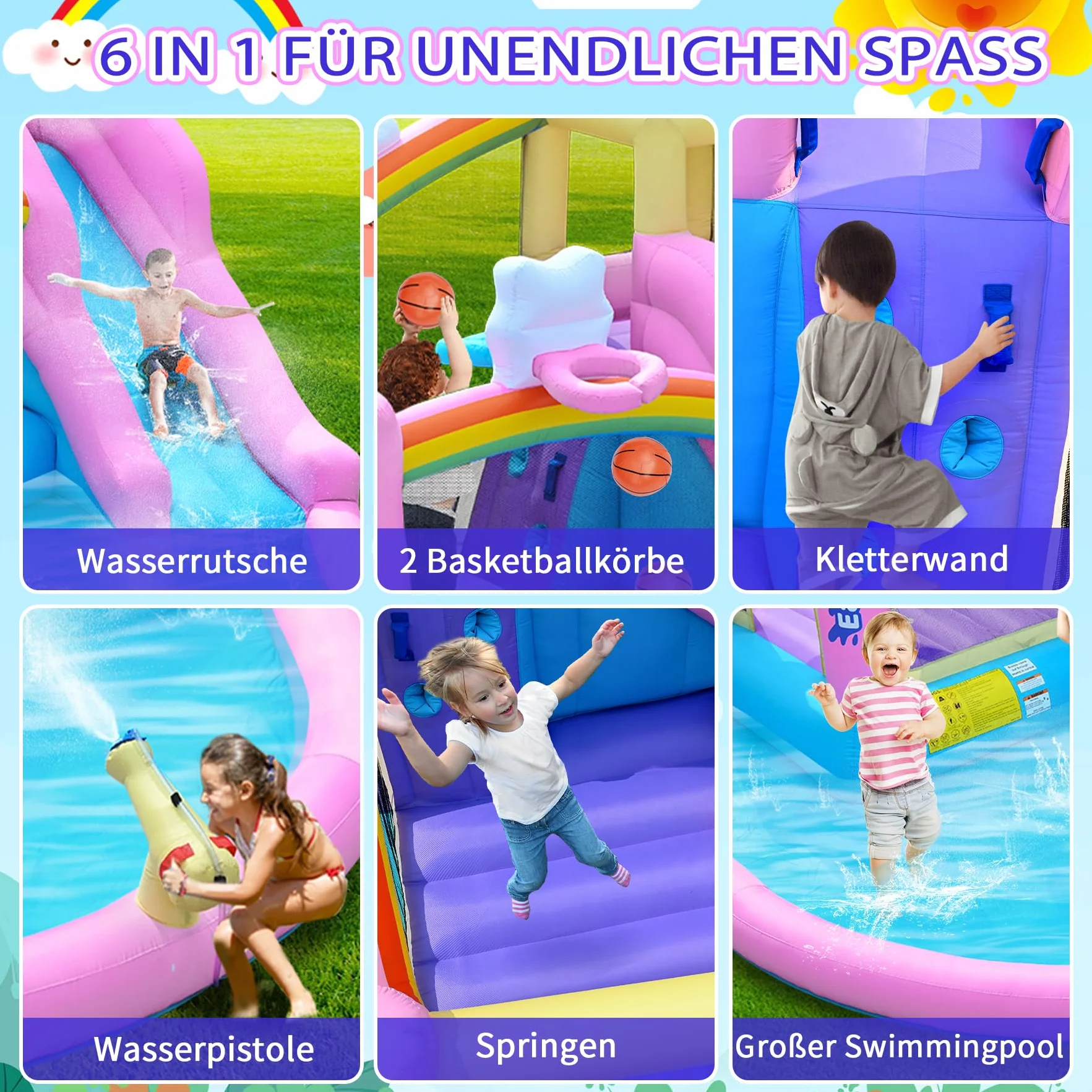 Castillo hinchable hinchable con tobogán de agua, pared de escalada, canasta de baloncesto y piscina infantil, incluye soplador, exterior para niños, ideal para jardín, 365 x 390 x 238 cm