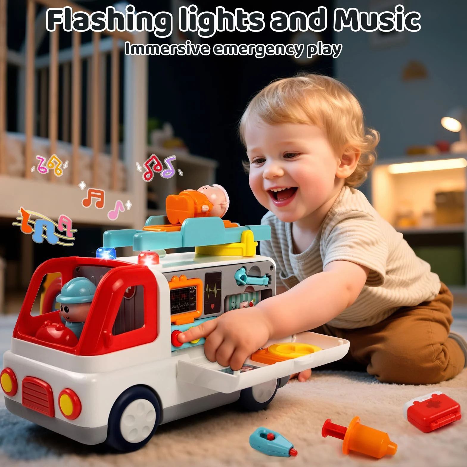 Juguete de ambulancia para niños a partir de 1, 2, 3 y 4 años con sonido ligero, ambulancia Montessori con figuras de accesorios médicos, muchas funciones juguetes educativos vehículos, regalos para