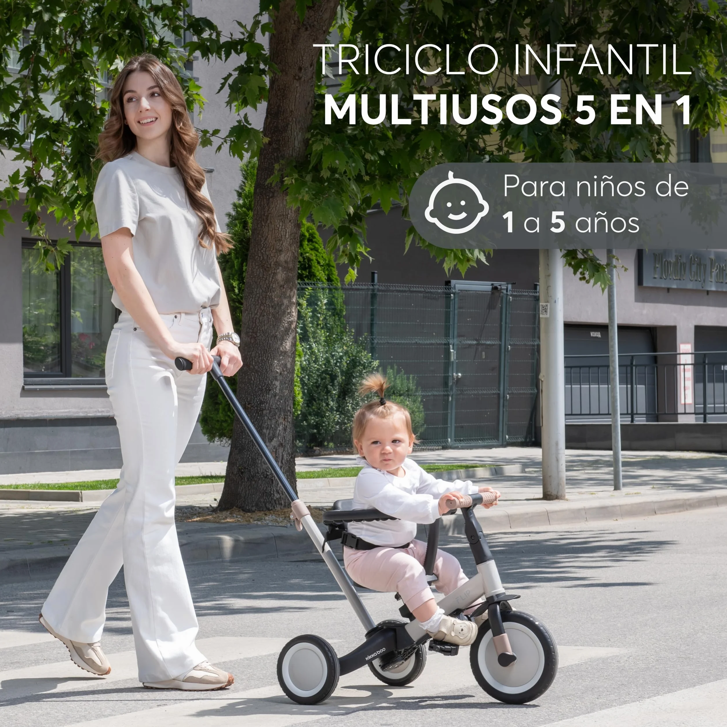KikkaBoo FLIP, Triciclo Evolutivo de Bebé 5 en 1, Bicicleta con o sin Pedales, Ajustable y Transformable, Beige, Desde 1 Año Hasta 5 Años