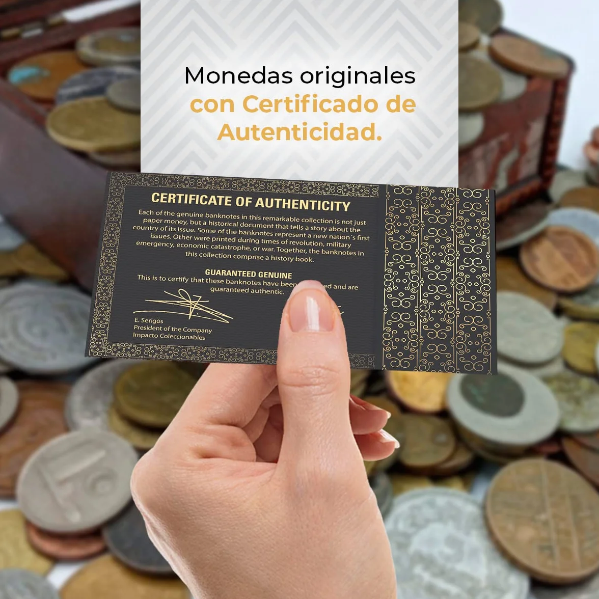 IMPACTO COLECCIONABLES | 1 kg de Monedas del Mundo Auténticas en Cofre de Madera – Gran Variedad de Monedas Antiguas para Ampliar tu Colección – Incluye Certificado de Autenticidad