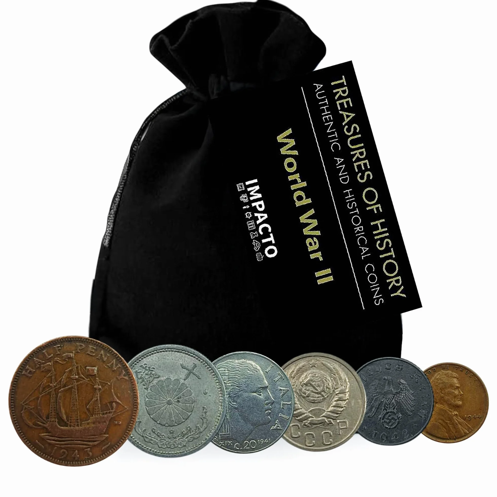 IMPACTO COLECCIONABLES | Aliados y Eje Colección de 6 Monedas Auténticas de la Segunda Guerra Mundial – Lote Históricos Original en Bolsa de Terciopelo con Certificado de Autenticidad