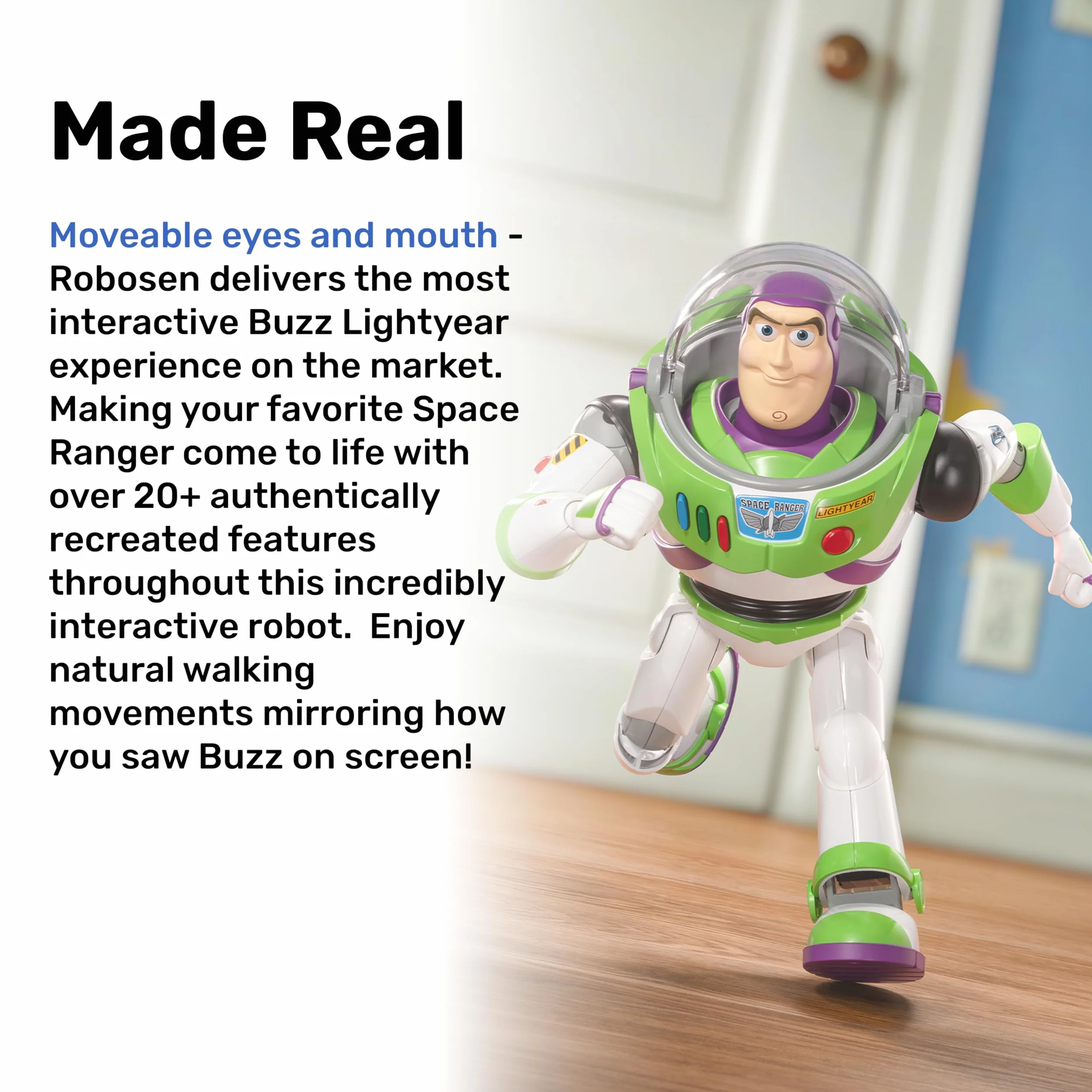 Robosen Robot Interactivo Buzz Lightyear – Control por Voz y App, Movimientos realistas, 200+ Clips de Audio, Modo Mini Teatro, acciones programables, alas Extensibles, láser y Efectos LED