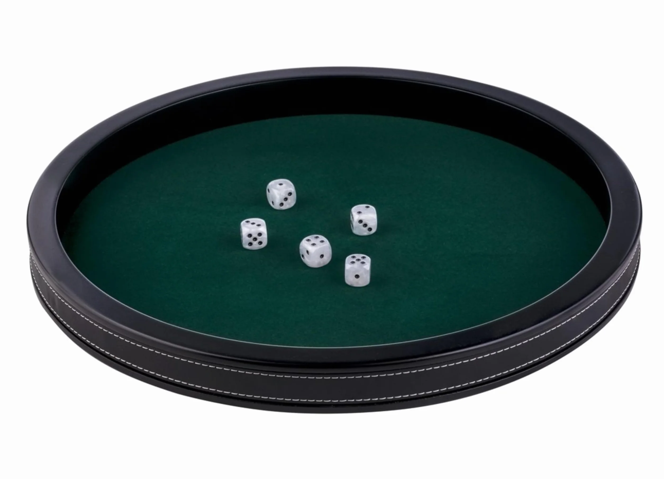 Engelhart-300802 – Bandeja de Póker Redonda 39,8 cm De Lujo – Similpiel Negra – Fieltro Verde Incrustado – Bordes Altos – 5 Dados Incluidos – Accesorio Juegos de Dados