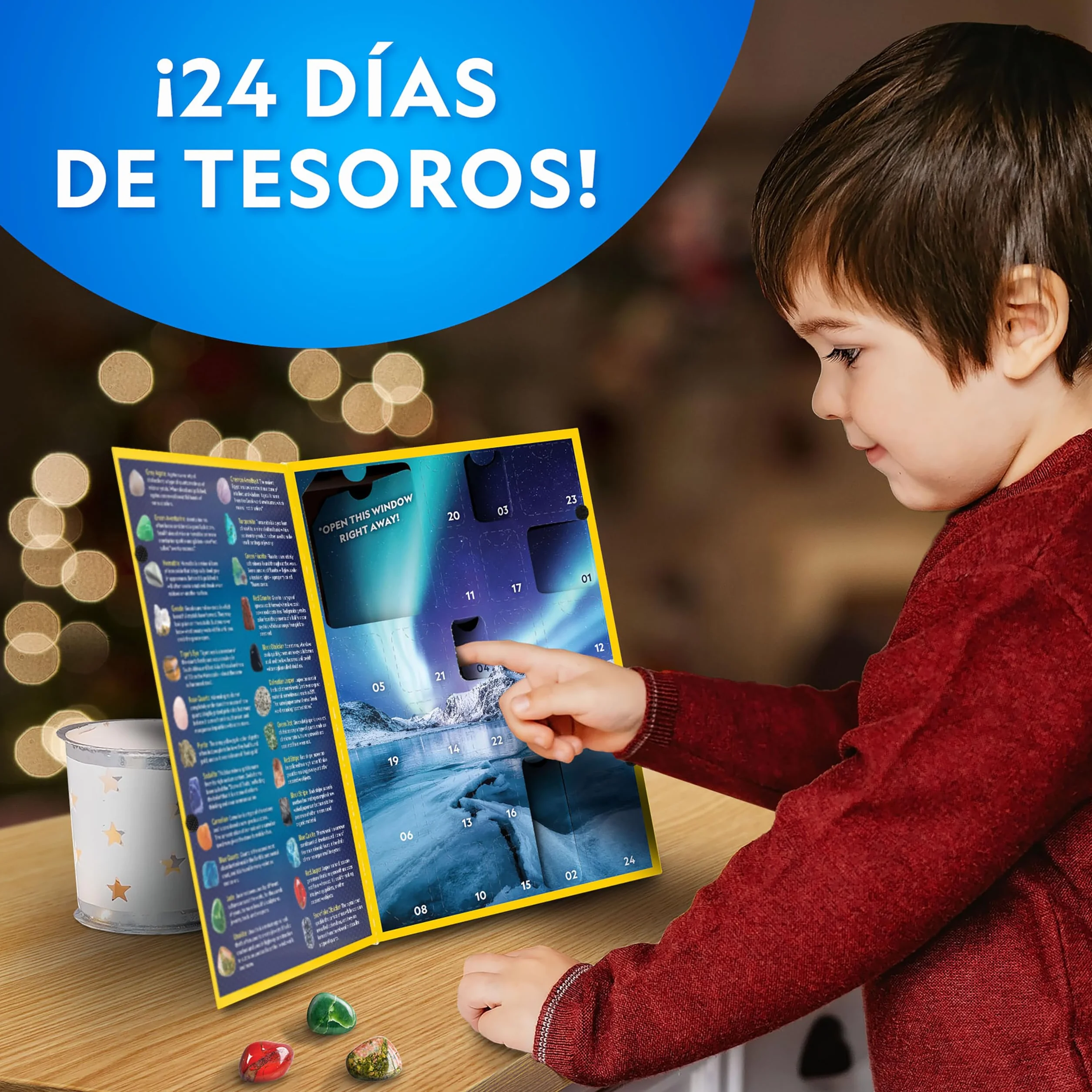NATIONAL GEOGRAPHIC 2025 Calendario de Adviento de Gemas - Calendario para Niños con 24 Gemas para Abrir Cada Día, Colección de Rocas, Cuenta Atrás de Navidad con Mini Kit de Excavación de Gemas