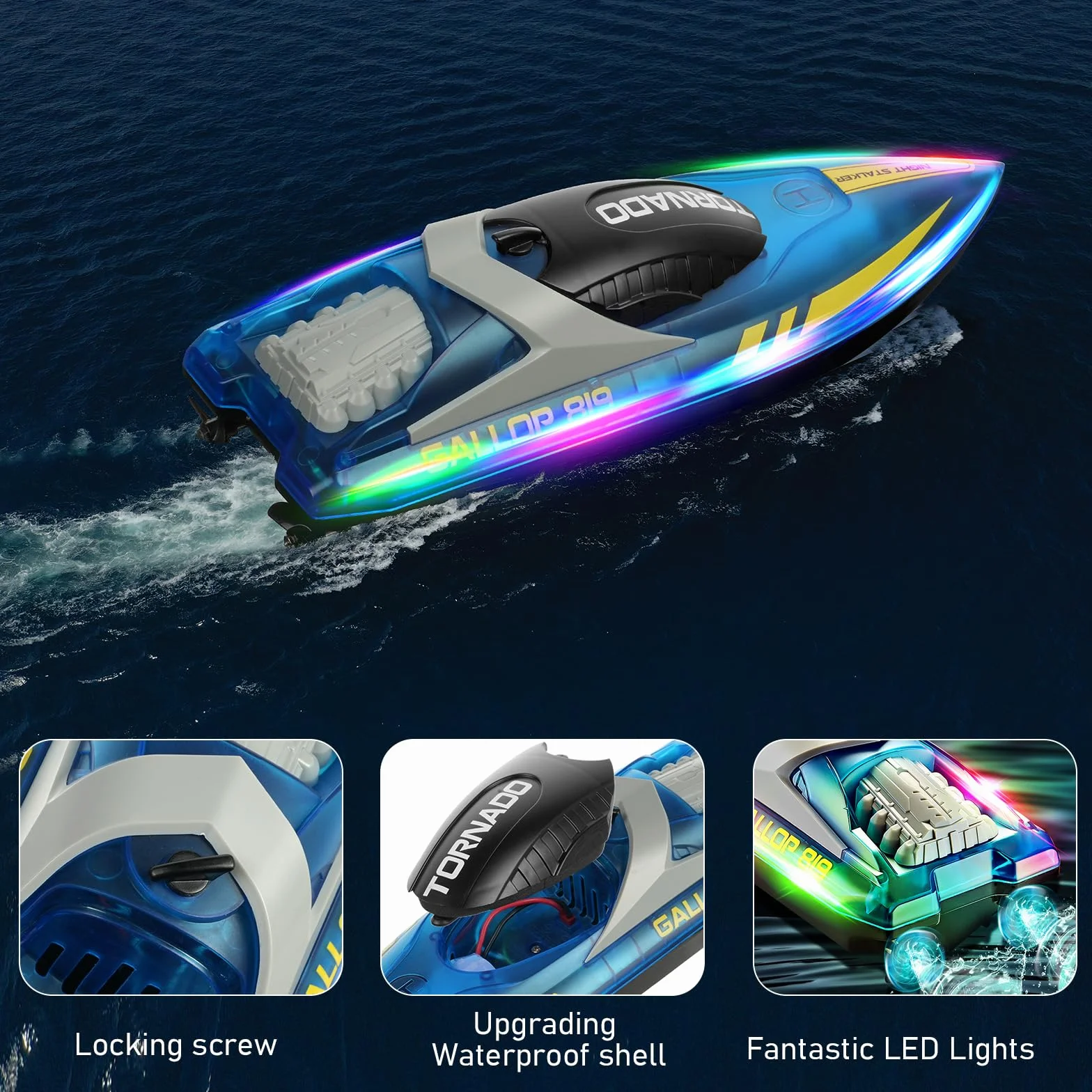 HOTUT Barco Teledirigido, 2.4GHZ Barco de Control Remoto con 2 Baterías Recargables, Luces LED, para Regalo para Niños,Niñas y Adultos