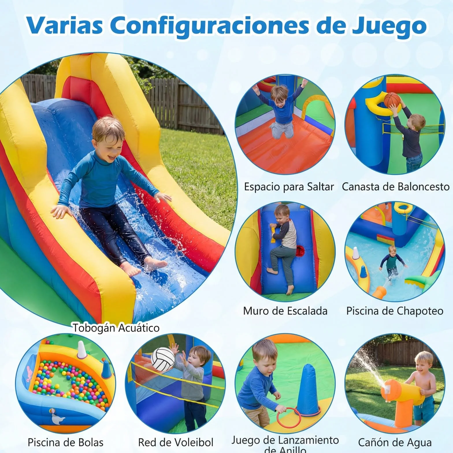 COSTWAY Castillo Hinchable, Parque Infantil con Temática de Playa con Muro de Escalar, Cañón de Agua, Pelotas Oceánicas, Fútbol, Baloncesto, Voleibol, Castillo Inflable al Aire Libre (sin soplador)