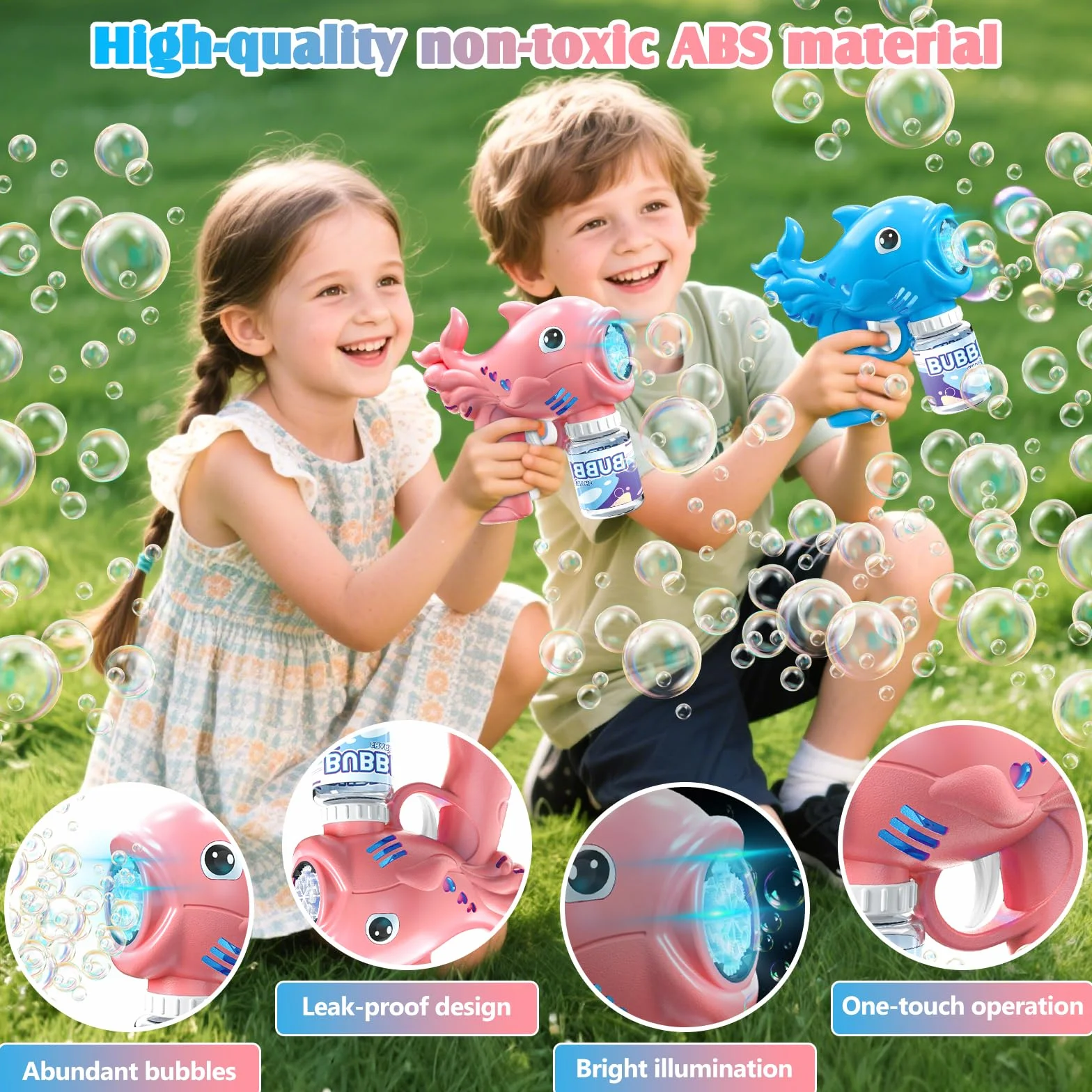 2 Pistola de Burbujas para Niños, Automática Máquina de Burbujas de Jabón con 2×70ML Botellas de Solución, Pompas de Jabon Niños con 8 Aberturas & Luces, para Fiesta, Actividades al Aire Libre