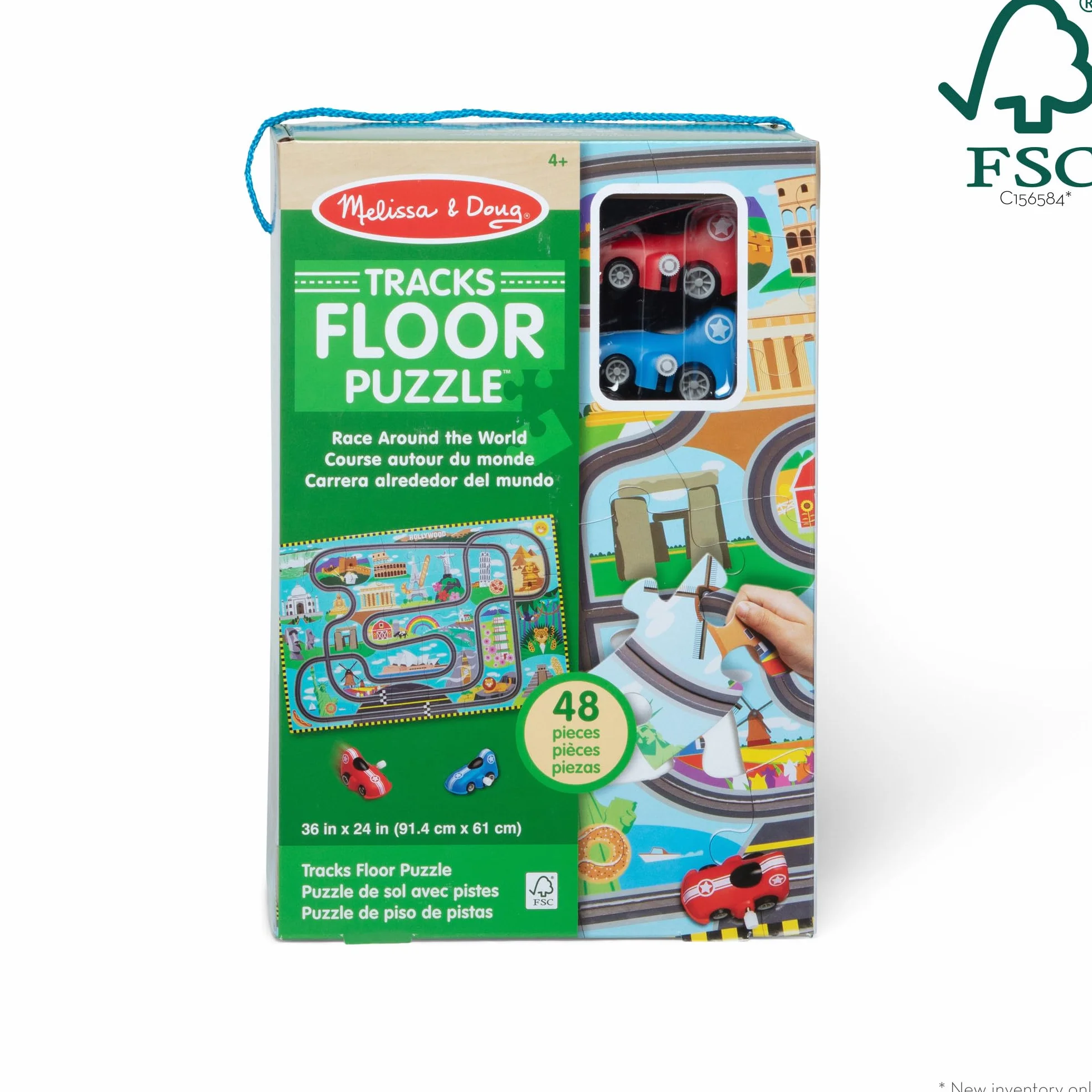 Melissa & Doug Puzzle de Piso de cartón Pistas de Carreras Alrededor del Mundo y vehículos de Cuerda – 48 Piezas, para niños y niñas a Partir de 3 años - Certificados FSC