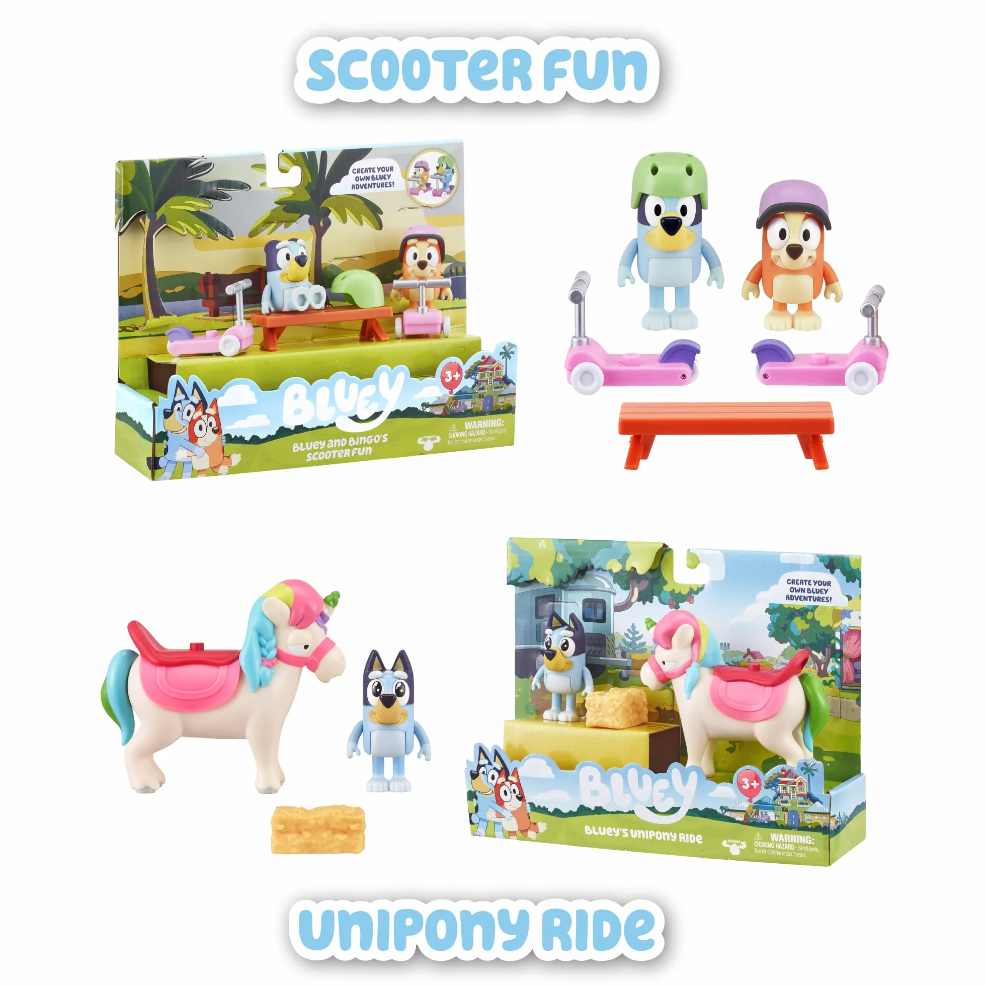 Bluey - Vehículos Scooters, con 2 Figuras de los protagonistas de la Serie, Bingo la Hermana de Blue, y de Accesorios 2 patinetes Scooter con Ruedas y 2 Cascos, +3 años de Edad, Famosa (BLY12100)