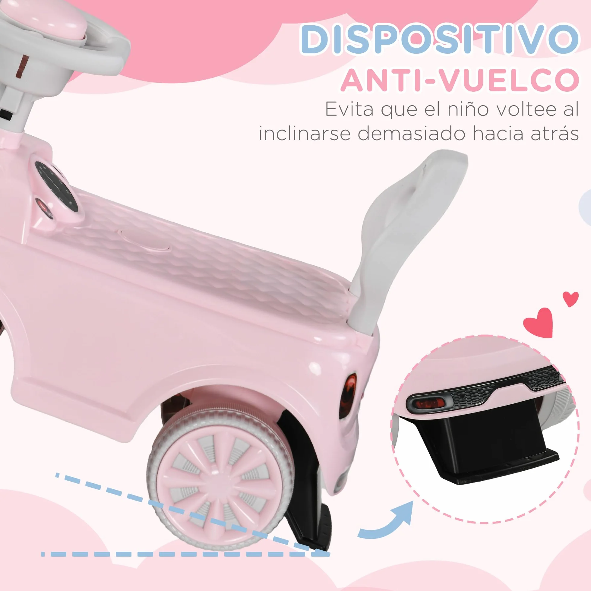 AIYAPLAY Correpasillos para Bebés de 18 a 36 Meses Coche Correpasillos con Volante Bocina y Sistema de Antivuelco Carga 25 kg 53x25x35 cm Rosa