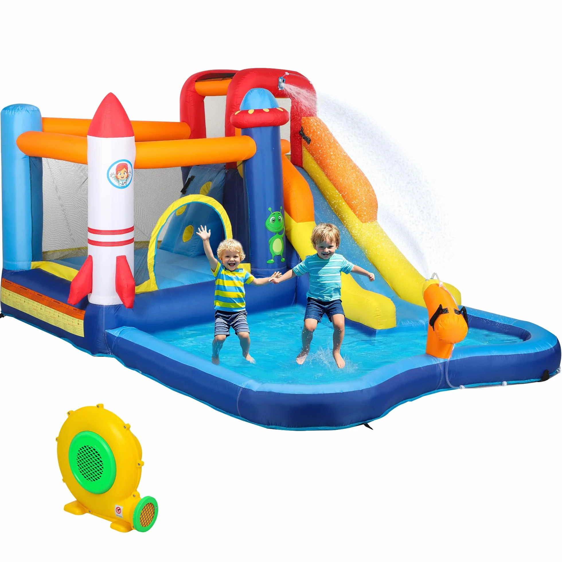 AIYAPLAY Castillo Hinchable con Soplador 5 en 1 Parque Acuático Hinchable para Niños con Tobogán Piscina de Chapoteo Escalada y Cañón de Agua para Exterior Interior 360x250x195 cm