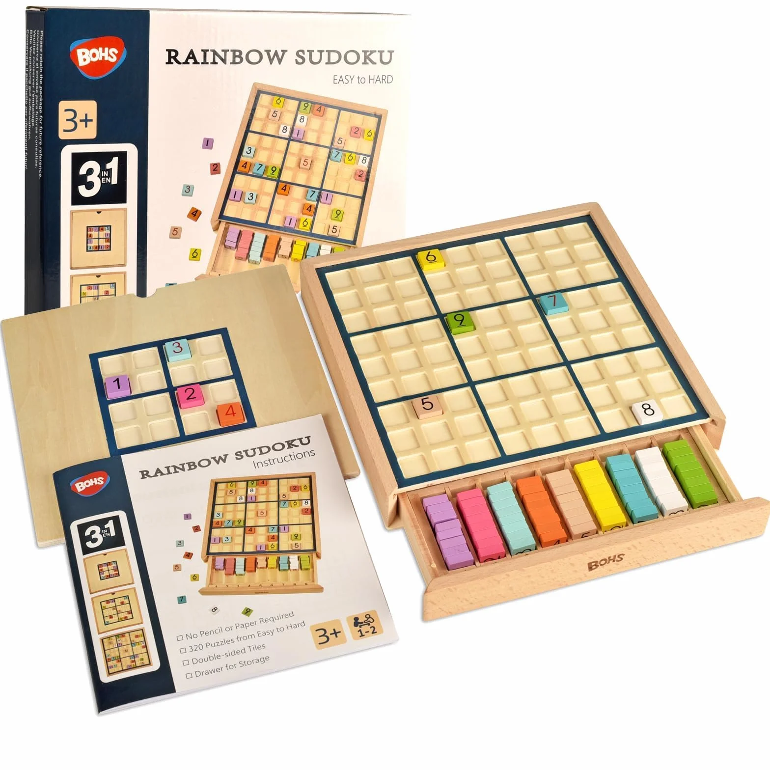 BOHS 3-en-1 Sudoku de Madera Juego Educativo para Niños 320 Rompecabezas Fichas Multicolores
