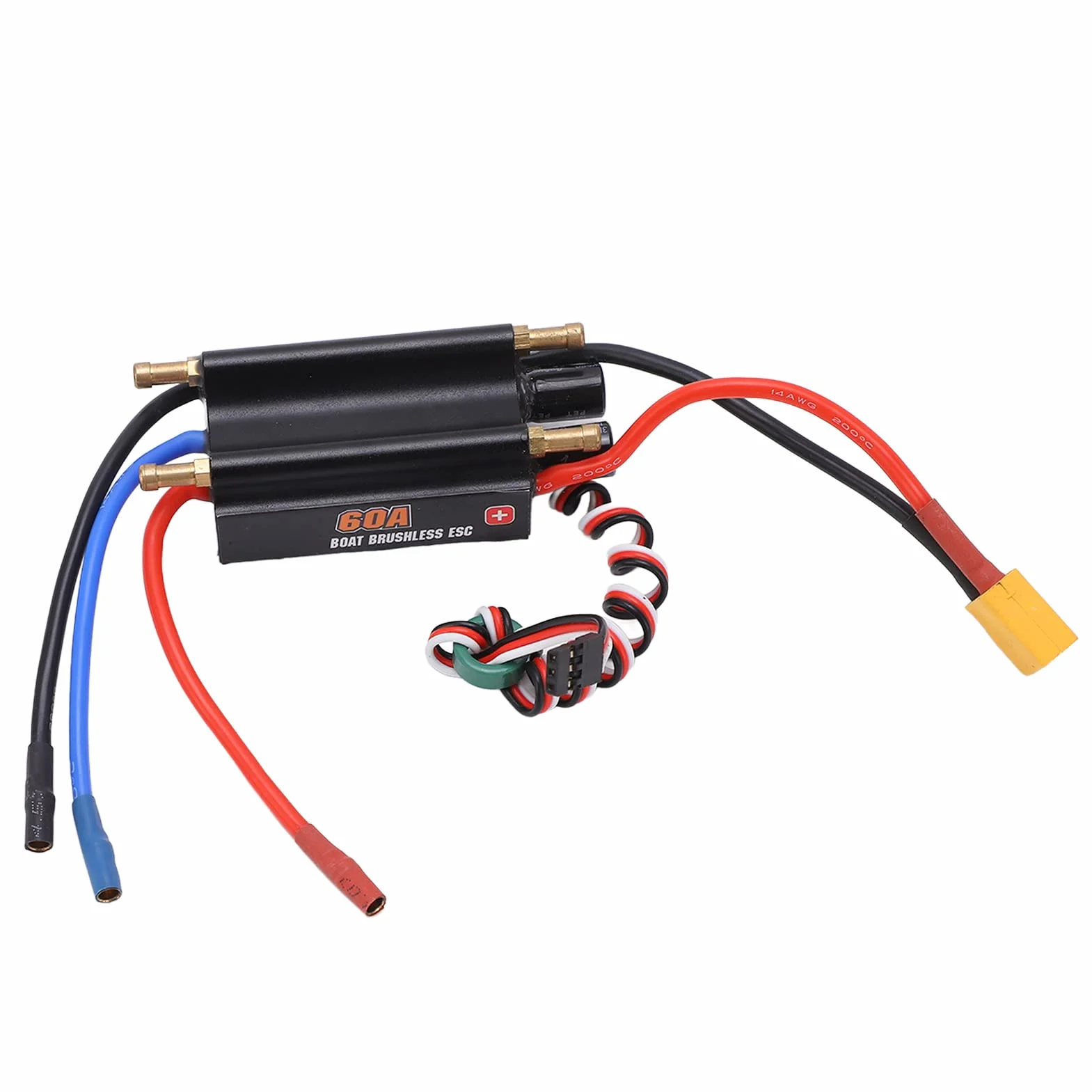 Uxsiya Controlador de Velocidad Electrónico 2‑6S, Enfriamiento Rápido Drenaje de Doble Canal a Prueba de Agua 60a sin Escobillas ESC Menor Consumo de Energía para Modelo de Barco