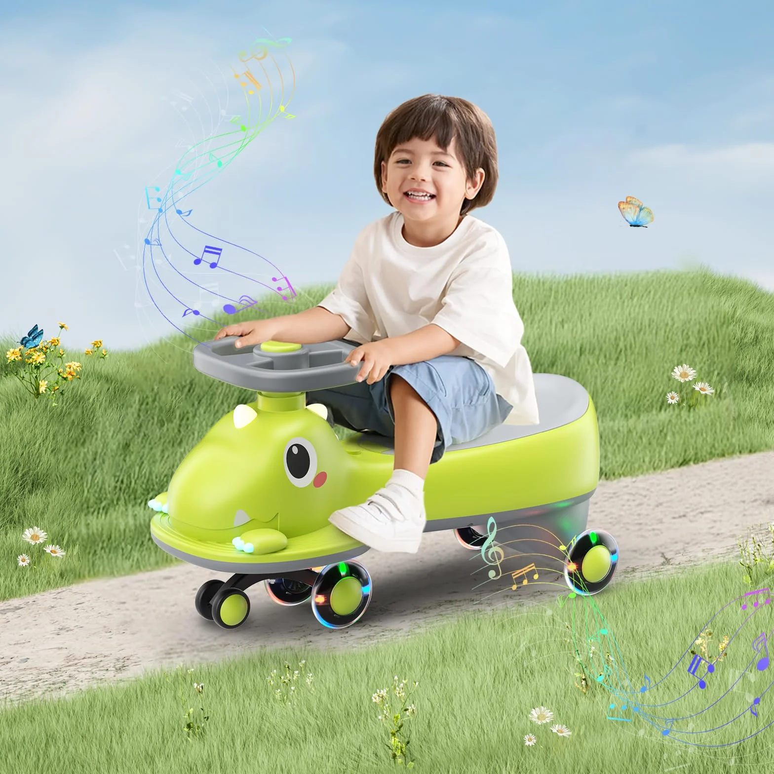 Coche de Bebé con Volante 360°, Coche Deslizador con Música y Ruedas Brillantes para Niños Pequeños, Asiento de Seguridad, Regalo 1-3 Años