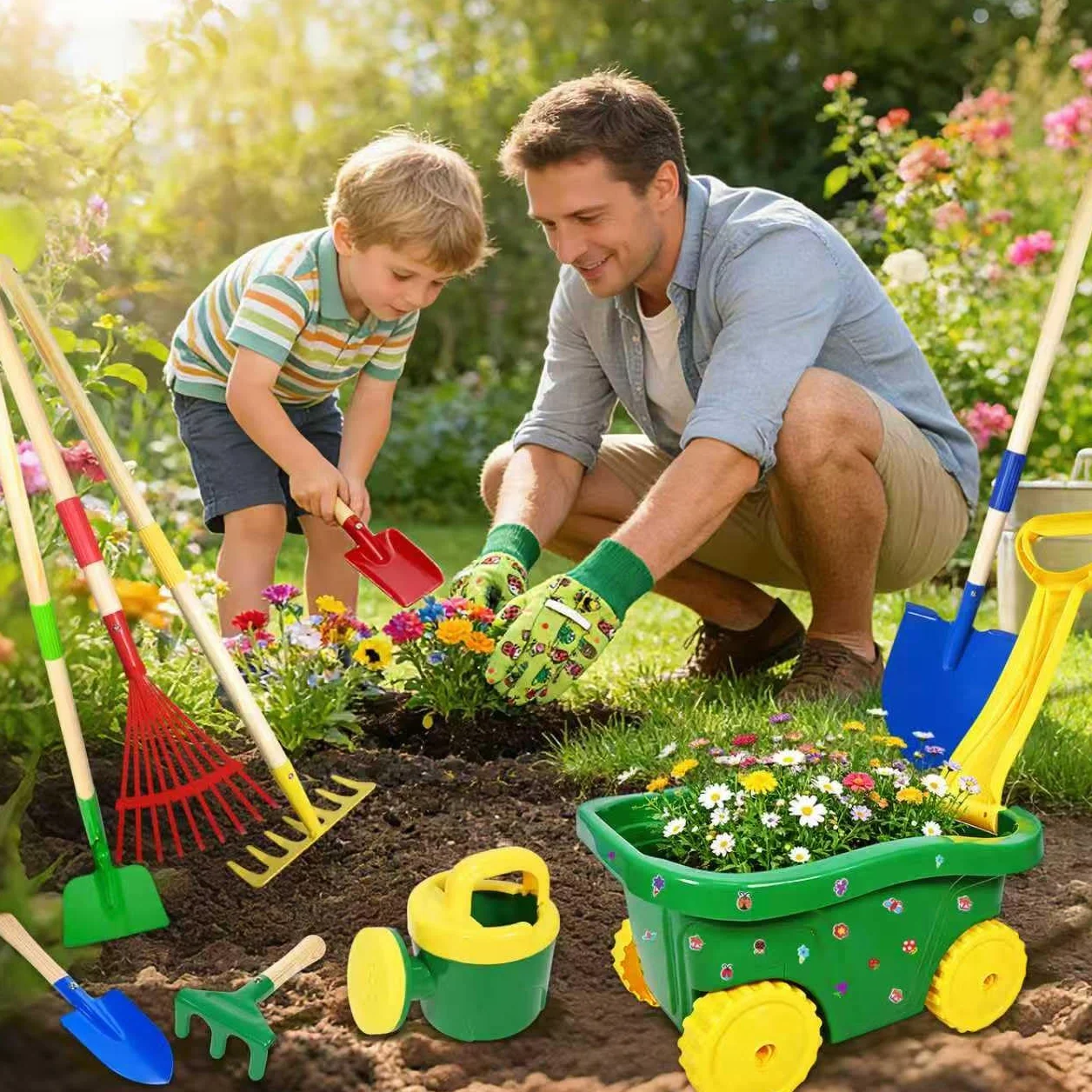 Carretilla para Niños, 13pcs Carretilla Niño Set Jardinería, Juego Herramientas de Jardín para Infantil con Pala, Escoba, Rastrillo y Rastrillo de Hojas, Pulverizador Juguetes de Arena Exterior (B)