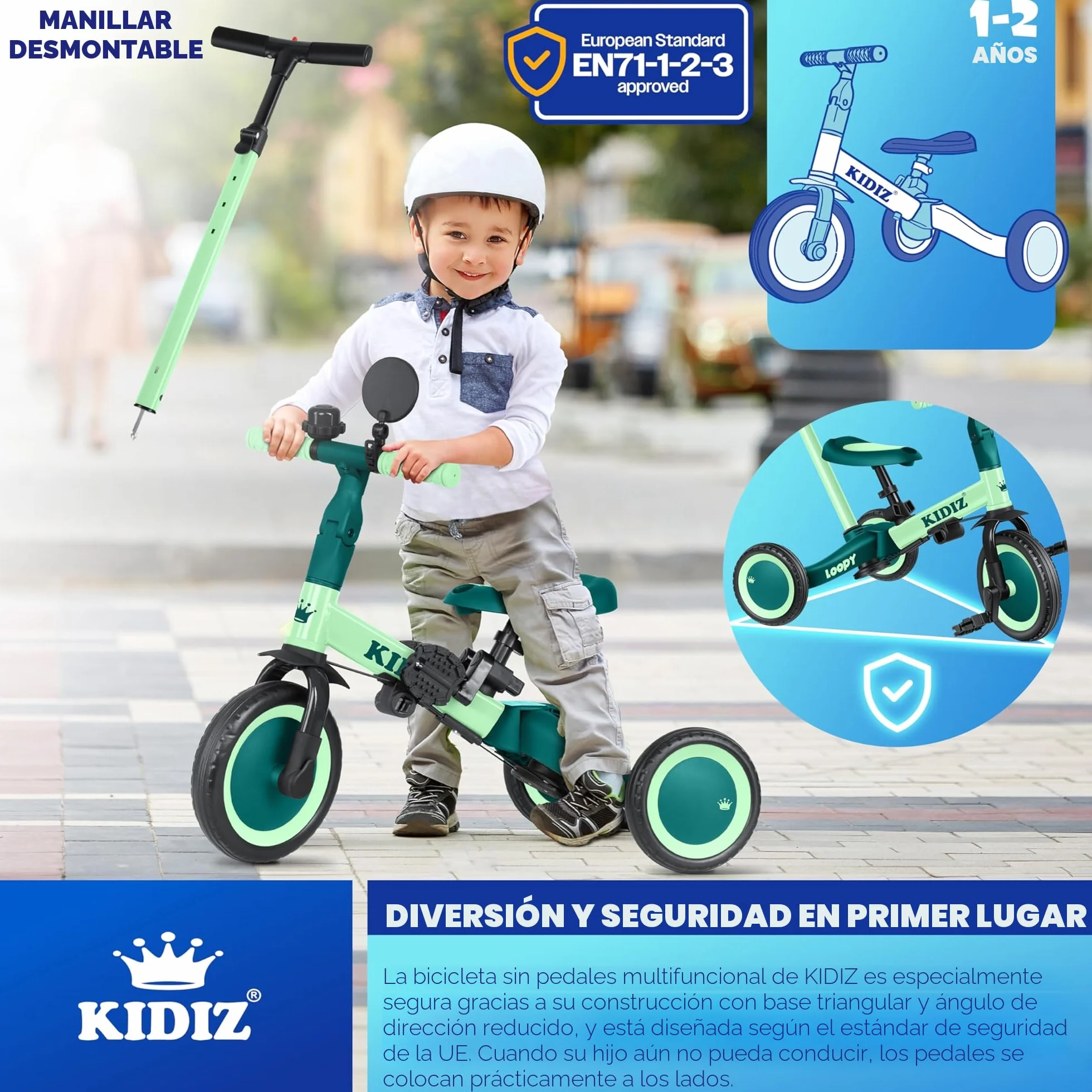 KIDIZ® 6en1 Bicicleta de Balance, Triciclo para niños de 1 año a 5 Años, Capacidad de Carga hasta 25kg, Incl. Manillar/Barra de Seguridad/Cinturón de Seguridad/Timbre/Espejo