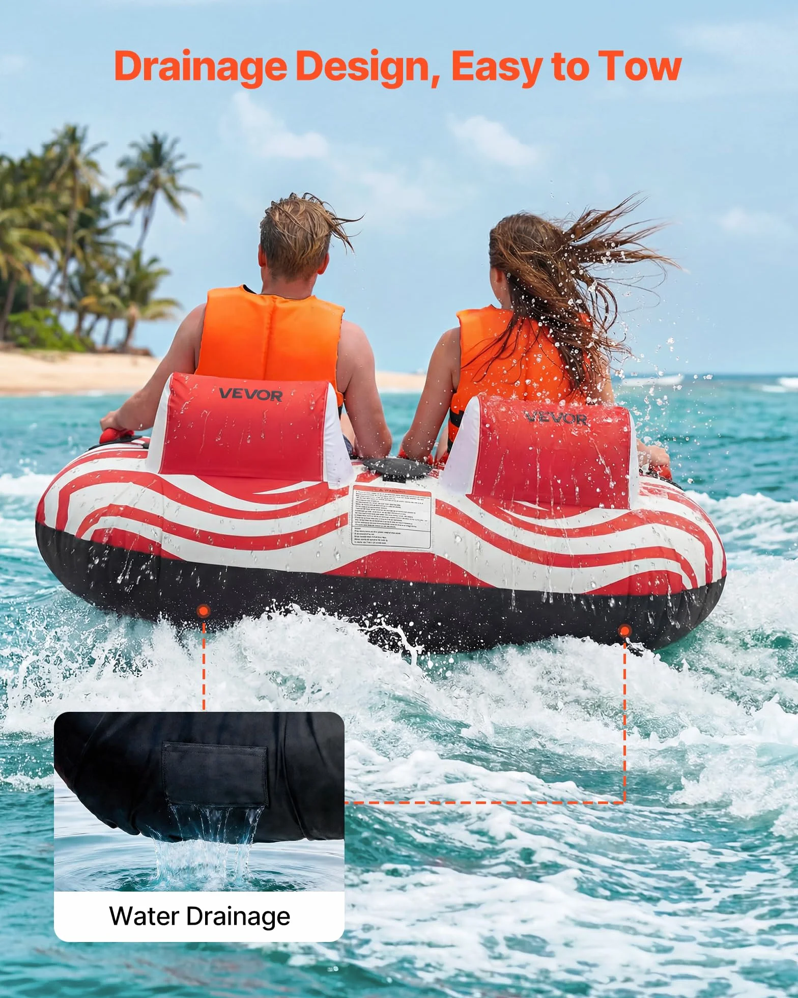 VEVOR Flotador de Arrastre Inflable para Deportes Acuáticos 163 x 160 x 56 cm, 2 Personas, 154 kg, Rojo