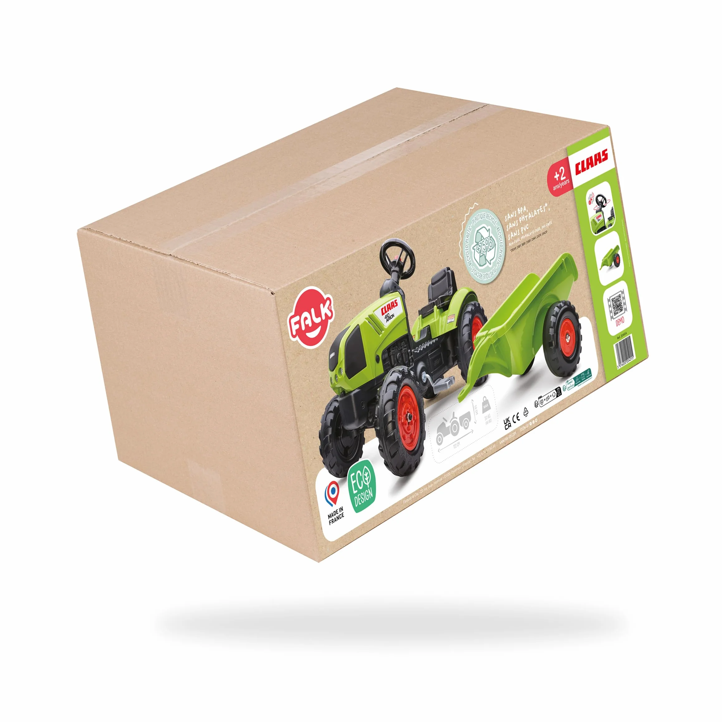 Falk - Tractor de Pedales Claas con Remolque - A Partir de 2 años - Fabricado en Francia - Volante direccional con bocina - 2040A