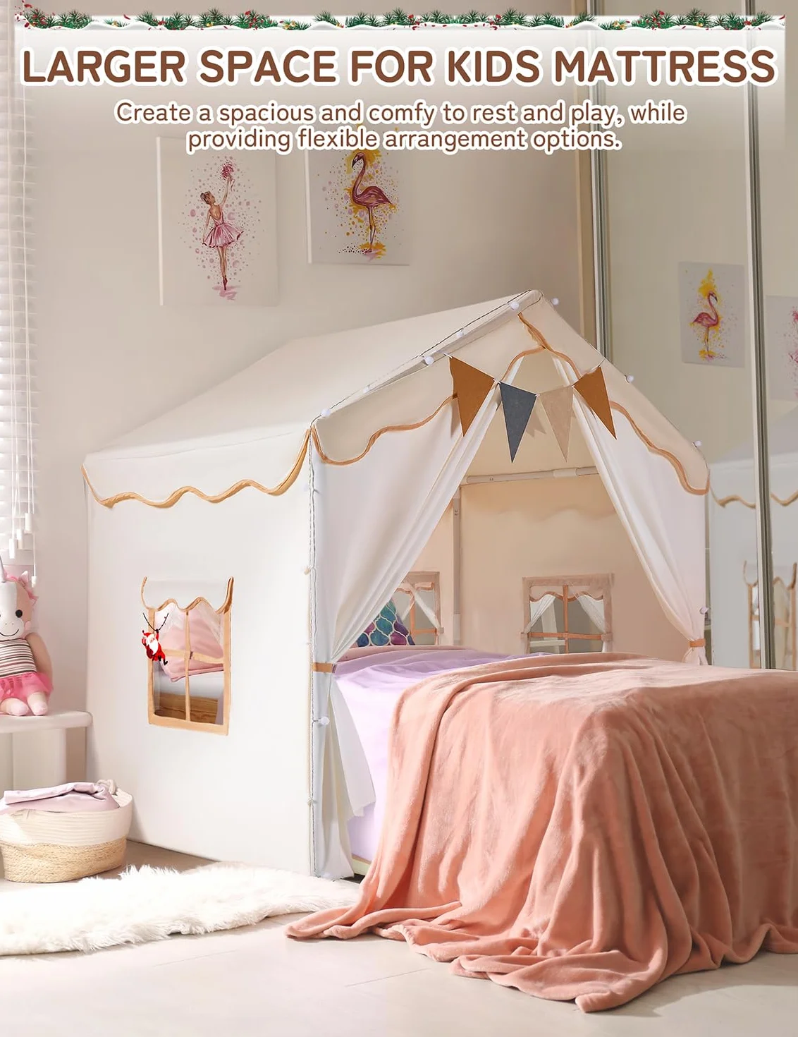 besrey Tienda de Campaña Infantil 2 en1 con Alfombra Acolchada, Luces y Banderas, Casita Infantil Tela de Juegos con 2 Puertas y 4 Ventanas, Cabañas para Niños