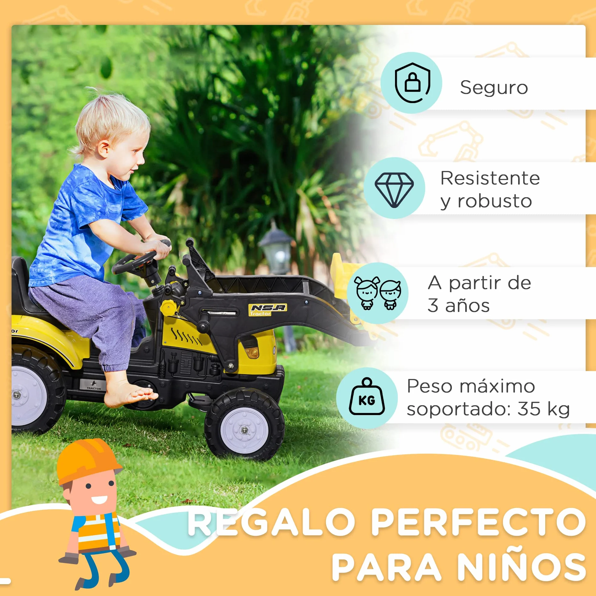 HOMCOM Tractor a Pedales para Niños de 3 Años Excavadora Camión con Pala Delantera Juguete de Montar Coche de Pedales Carga 35 kg 114x41x52 cm Amarillo
