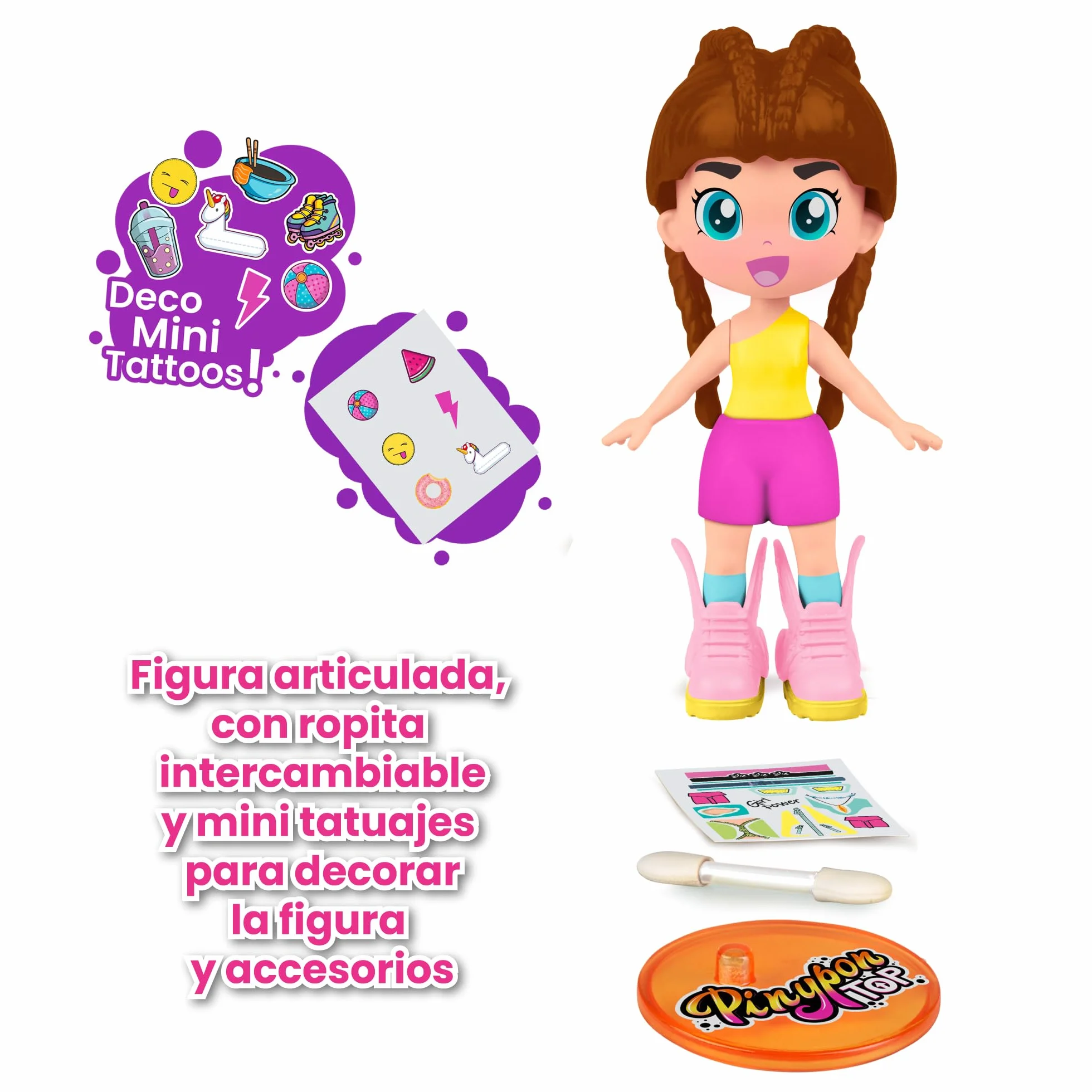 Pinypon TOP Girls Brunette, Chica TOP Morena con Outfit de Street Style, Figura de 11 cm Articulada de Brazos y Piernas, Doble Cara y Ropa y Zapatos Intercambiables, +4 años, Famosa (PNN00200)