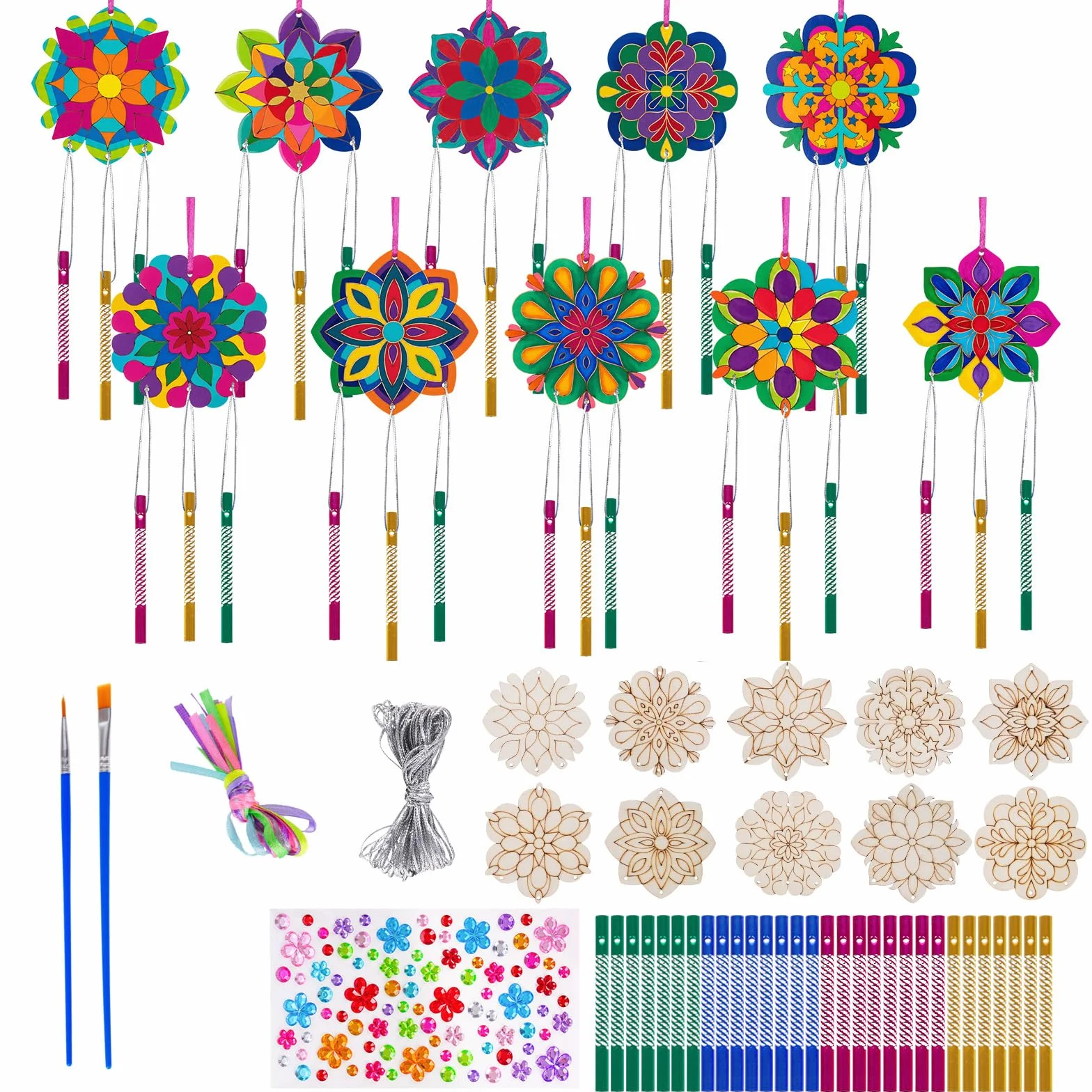 Juego de 10 carillones de viento para niños, manualidades, madera, carillones de viento para niños, mandala, juegos de manualidades de madera, decoración de jardín, creativos, para invitados, fiestas