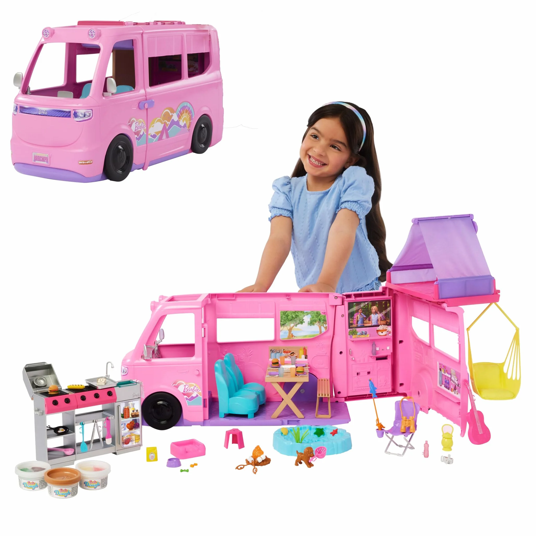 Barbie Súper Caravana DreamCamper Conjunto de juego con tienda de campaña en el techo, columpio, estanque de pesca, barbacoa con función de cambio de color y más de 60 accesorios, incluida masa, HRJ78