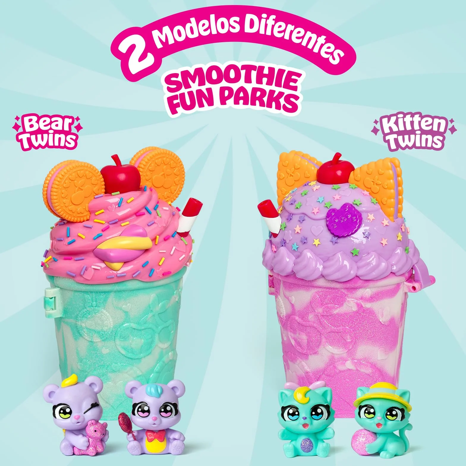 Smoothie Fun Park Bear Twins. Casita con Parque de Atracciones en Forma de Smoothie: Incluye 1 Smoothie, 2 Figuras exclusivas “Color Reveal” y 3 Accesorios