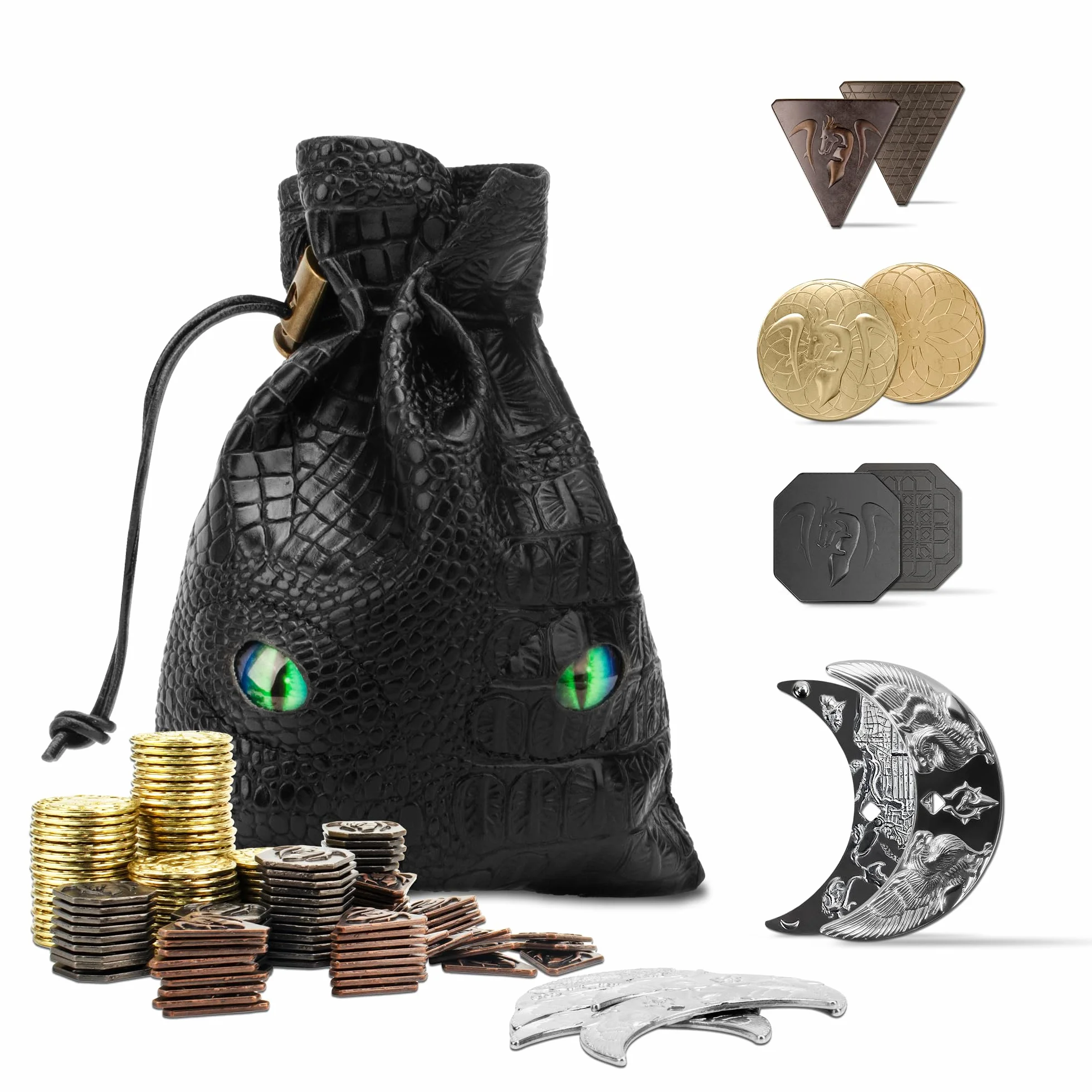 145 Monedas de Metal DND y Bolsa de Cuero, Contiene 60 Monedas de Oro, 40 Monedas de Plata, 40 de Cobre y 5 Monedas de Platino, Bueno para Juegos de Mesa RPG.