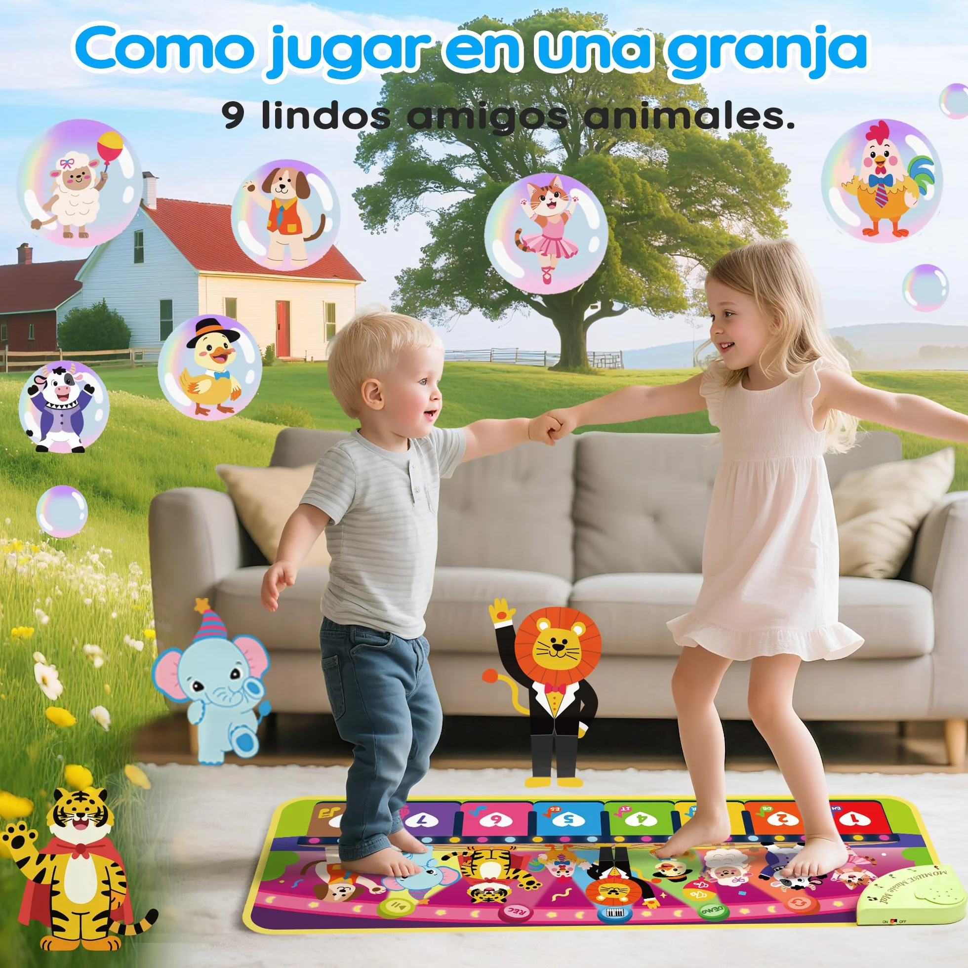 MOMUSE Alfombra Musical 5 Idiomas (ES/DE/FR/IT/EN), Juguetes Niños 1 Año, Piano Infantil Multilingüe con 9 Animales, Portátil, Ligero, Regalo Na-vidad/Cumpleaños para Bebe Niñas Niños 1 2 3 4 Años