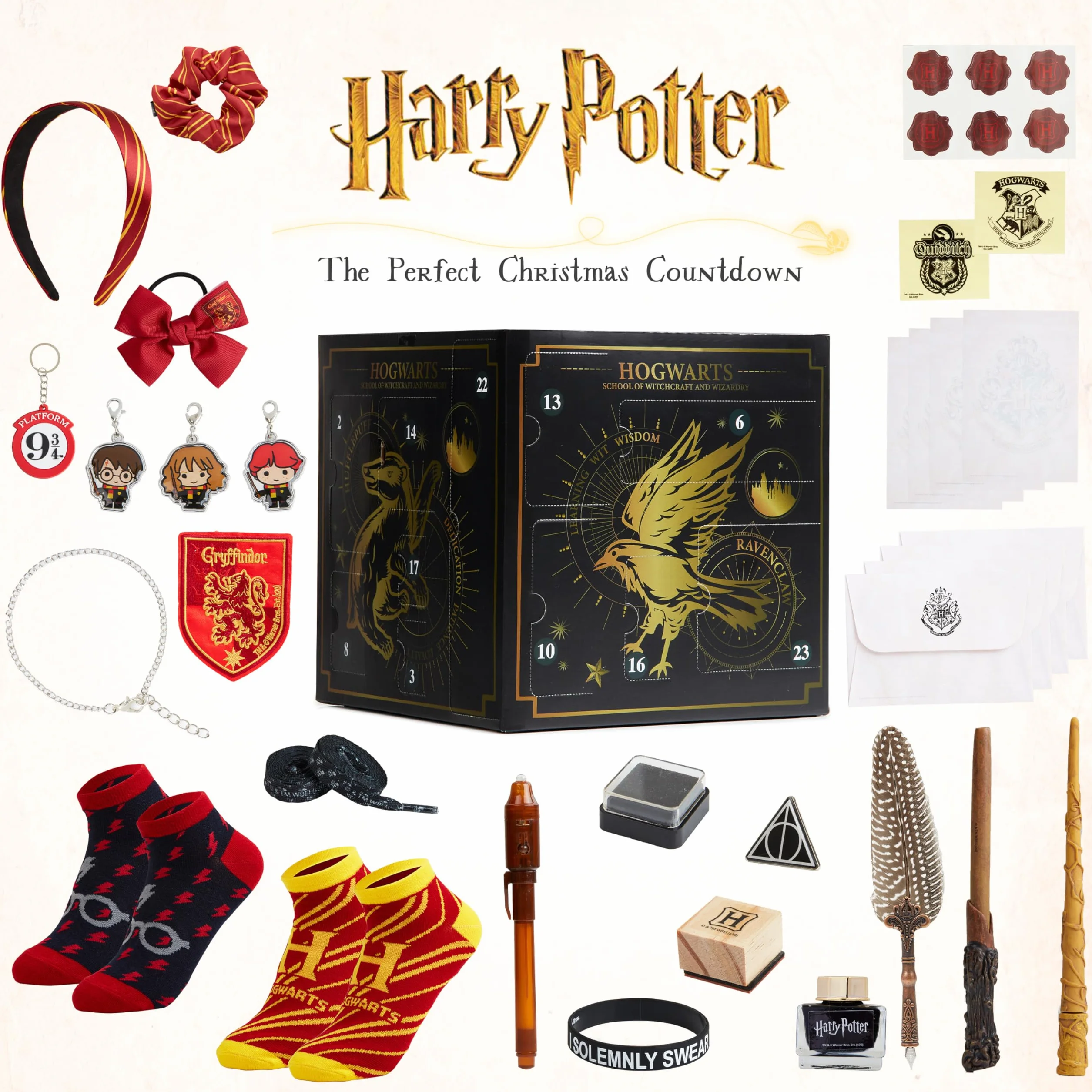 Harry Potter Calendario Adviento 2025 con 24 Sorpresas, Papelería, Accesorios para el Cabello, Calcetines, Boligrafo Divertido, Bolsa Hogwarts (Negro Cube)
