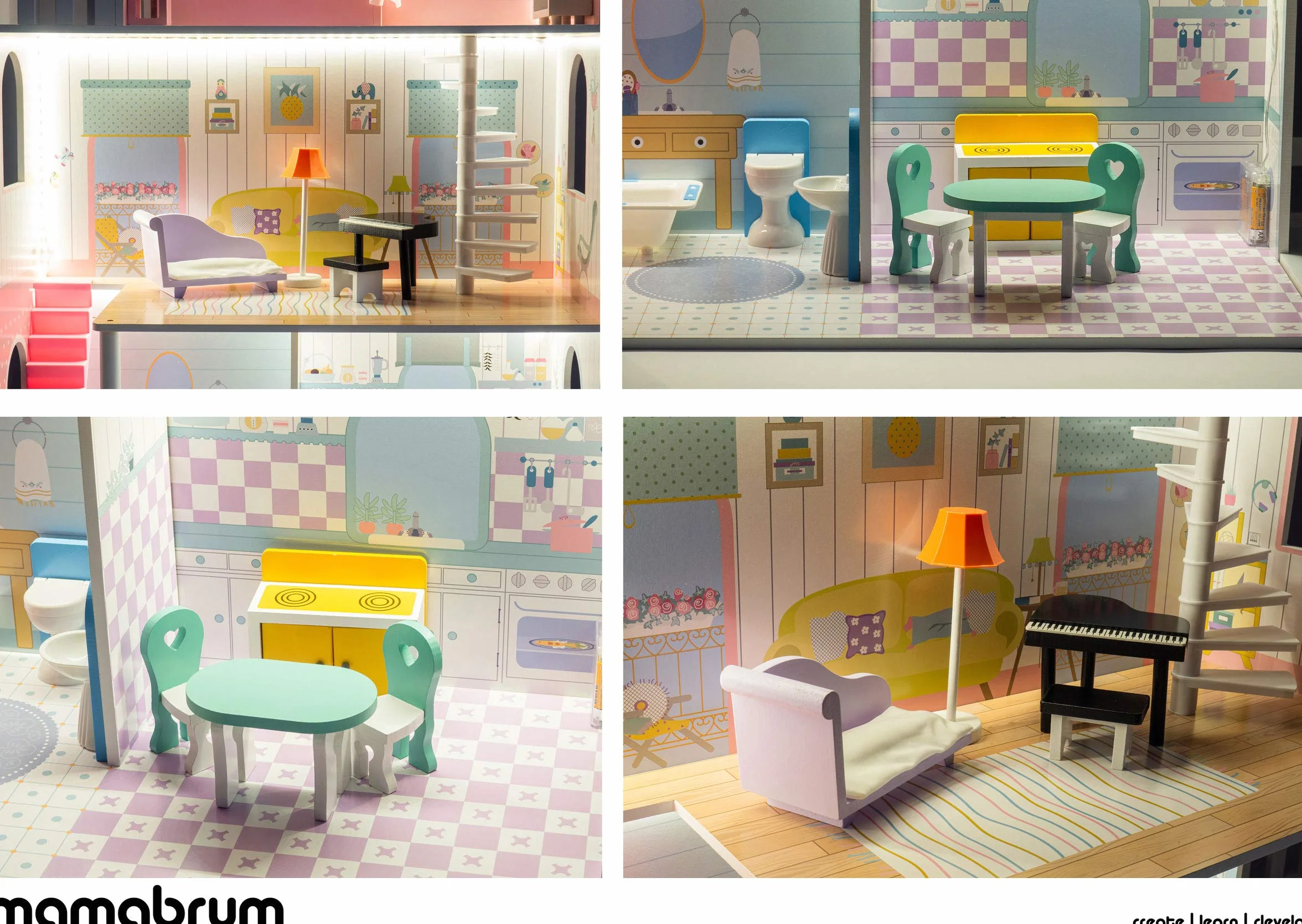 Mamabrum Casa de Muñecas de Madera XXL con LED – Casita de Muñecas de 3 Pisos con Muebles, Jardín y Accesorios – Casa de Barbie de Madera Educativa para Niñas +3 Años