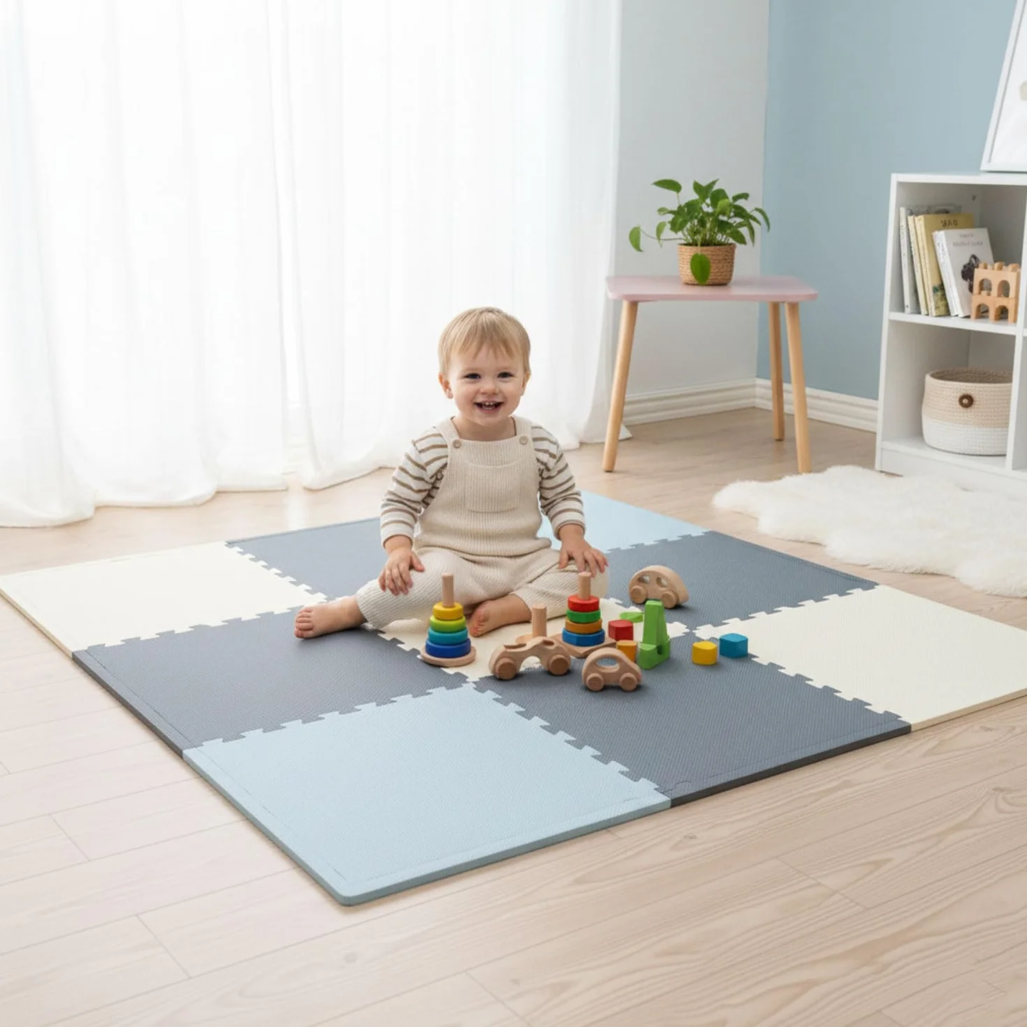 LittleTom Alfombra Puzzle Infantil Azul - 4 Piezas Encajables 50x50 cm - Colchoneta de Goma Espuma EVA 100x100 cm para Niños - Protector Suelo Acolchado sin BPA - Manta de Juegos Impermeable