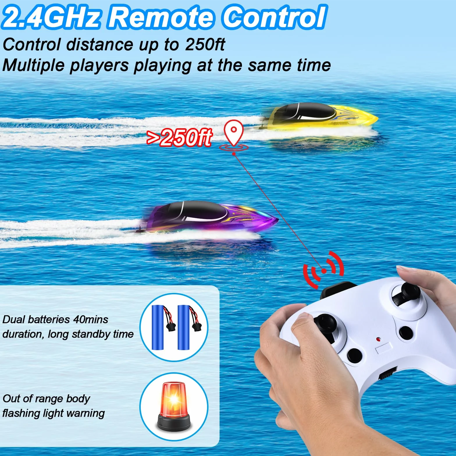 Herenear Barco teledirigido 2 unidades, barcos teledirigidos para niños a partir de 6, 8, 10 años, barco RC con luz LED para adultos, juguete de piscina ajustable lancha rápida para mares, piscinas y